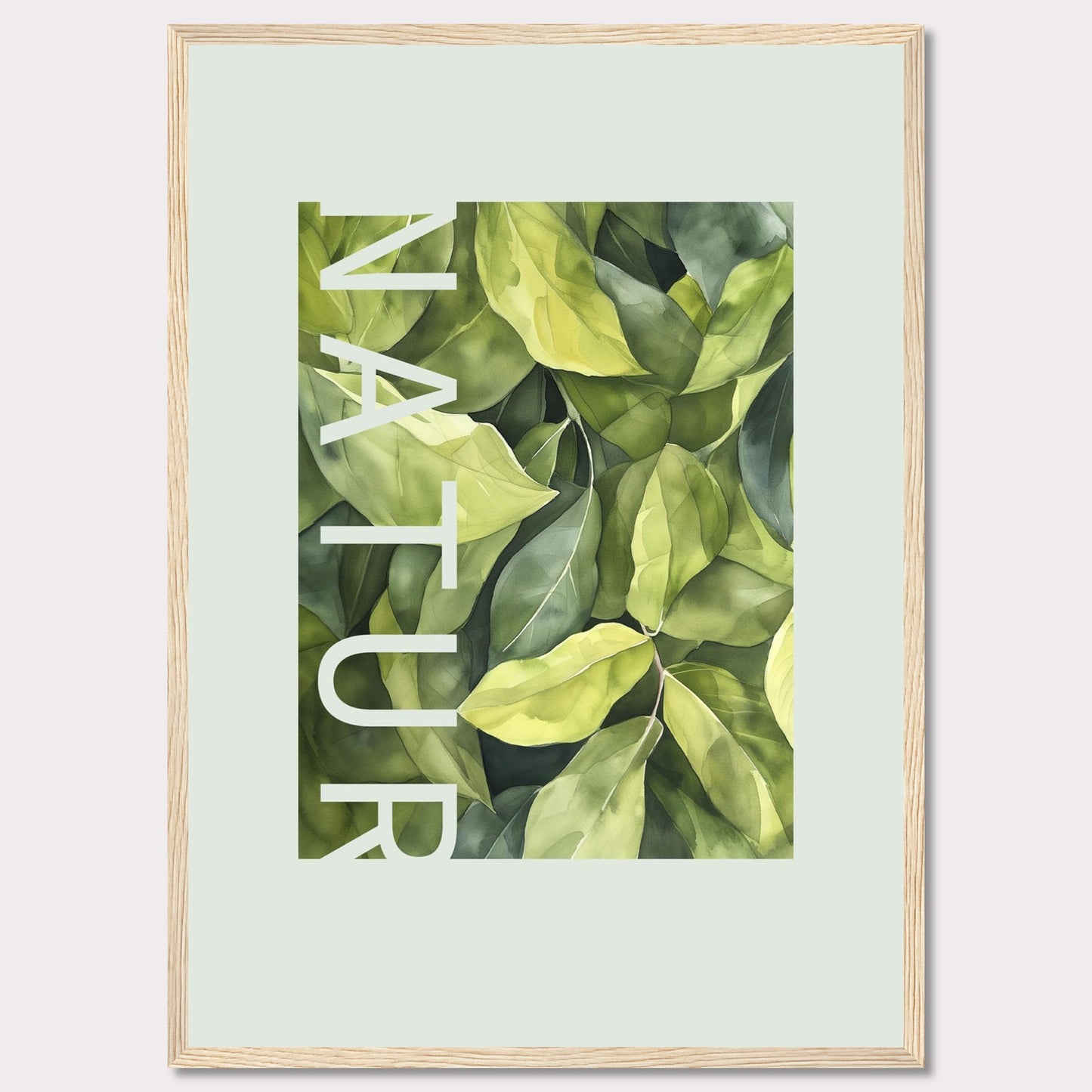 This beautiful framed artwork showcases a lush, green foliage design with the word "NATUR" elegantly integrated into the composition. The vibrant leaves create a refreshing and calming visual experience.