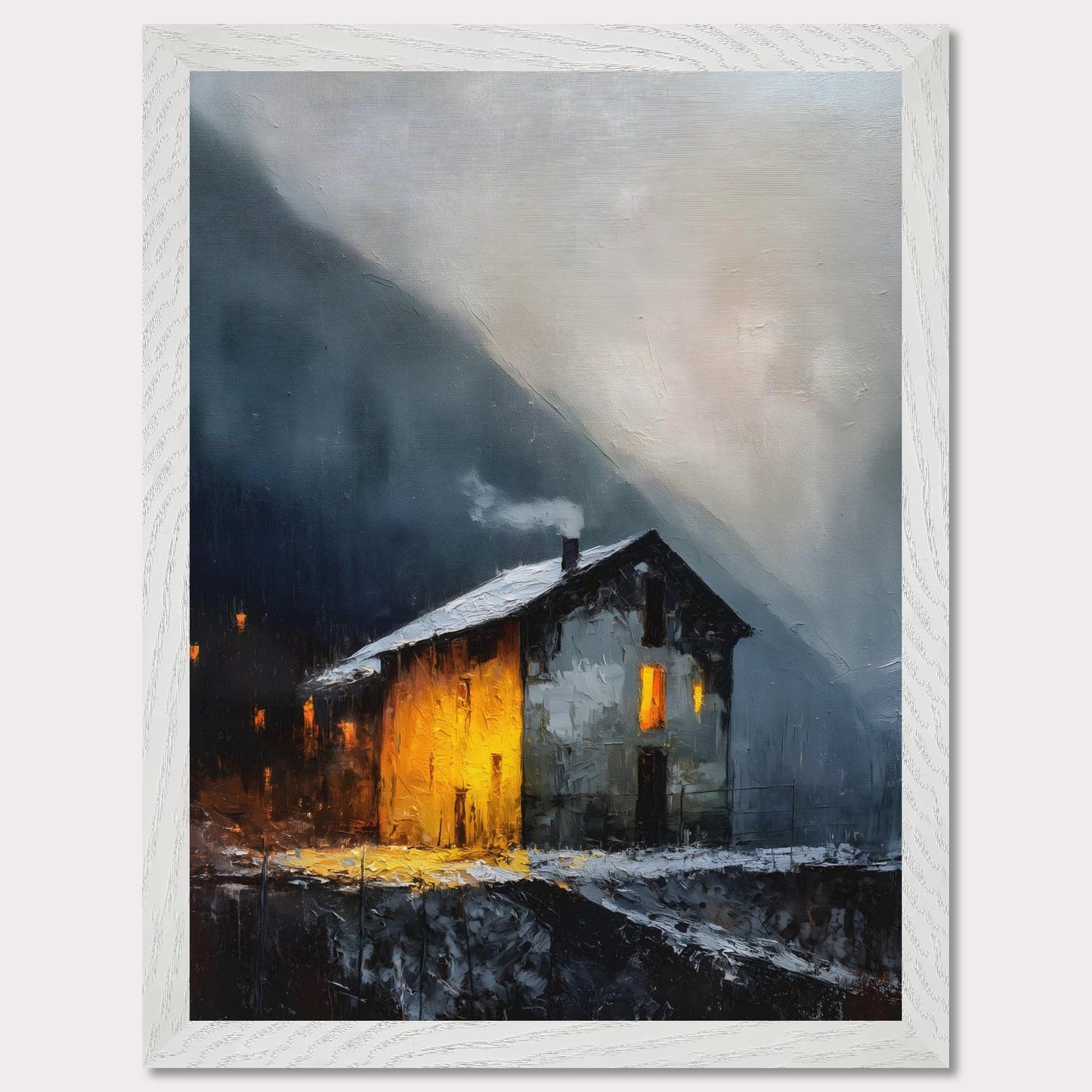 A lone alpine house burns golden against a dark and stormy backdrop. Snow lies quietly on the ground, while inside, a hearth glows with defiance and warmth. It’s a scene of refuge, strength, and a reminder that warmth is made, not found.