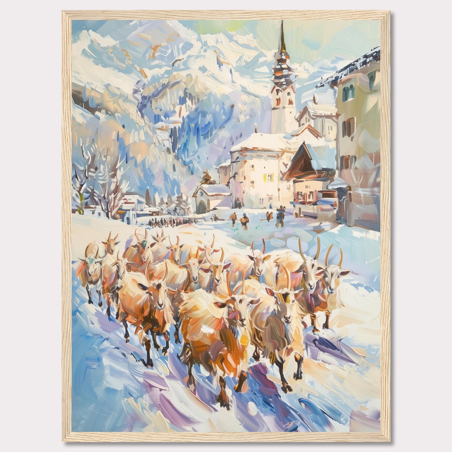 This captivating painting depicts a serene winter village scene with a herd of sheep being guided through the snow-covered streets. The backdrop features majestic snow-capped mountains and charming alpine architecture, including a prominent church steeple.