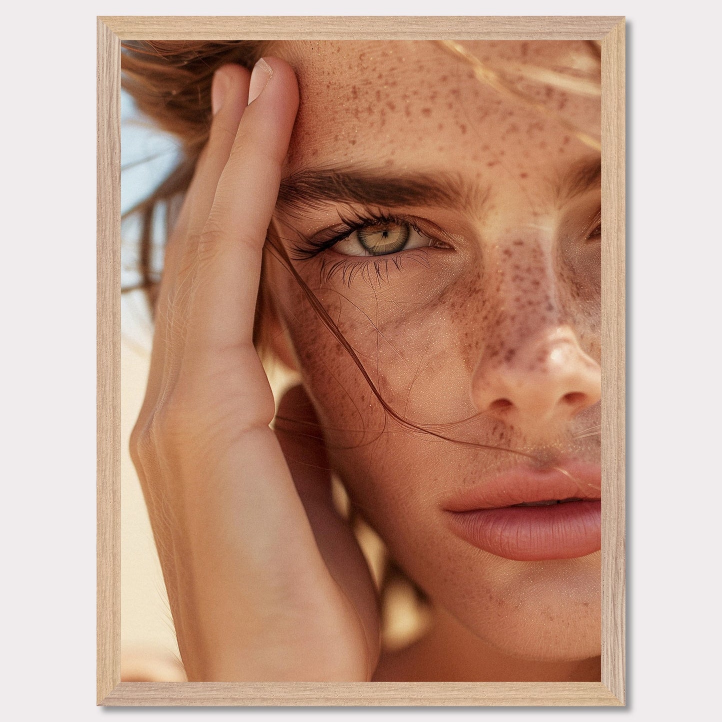 This captivating close-up portrait showcases the natural beauty of a person with freckles and an intense gaze.