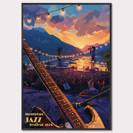 This vibrant poster captures the essence of the Montreux Jazz Festival 2024. Set against a breathtaking sunset over a serene lake, the scene is filled with an audience eagerly awaiting the performance. An electric guitar in the foreground hints at the musical magic to come, while string lights add a festive ambiance.