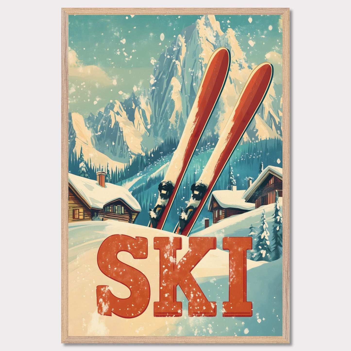 This captivating poster evokes the thrill of retro skiing with its vibrant and colorful design. Featuring a vintage-inspired skier mid-descent against a backdrop of majestic alpine peaks, it captures the essence of a bygone era of adventure. The dynamic composition and bold colors transport viewers to the golden age of skiing, making it an instant eye-catcher.