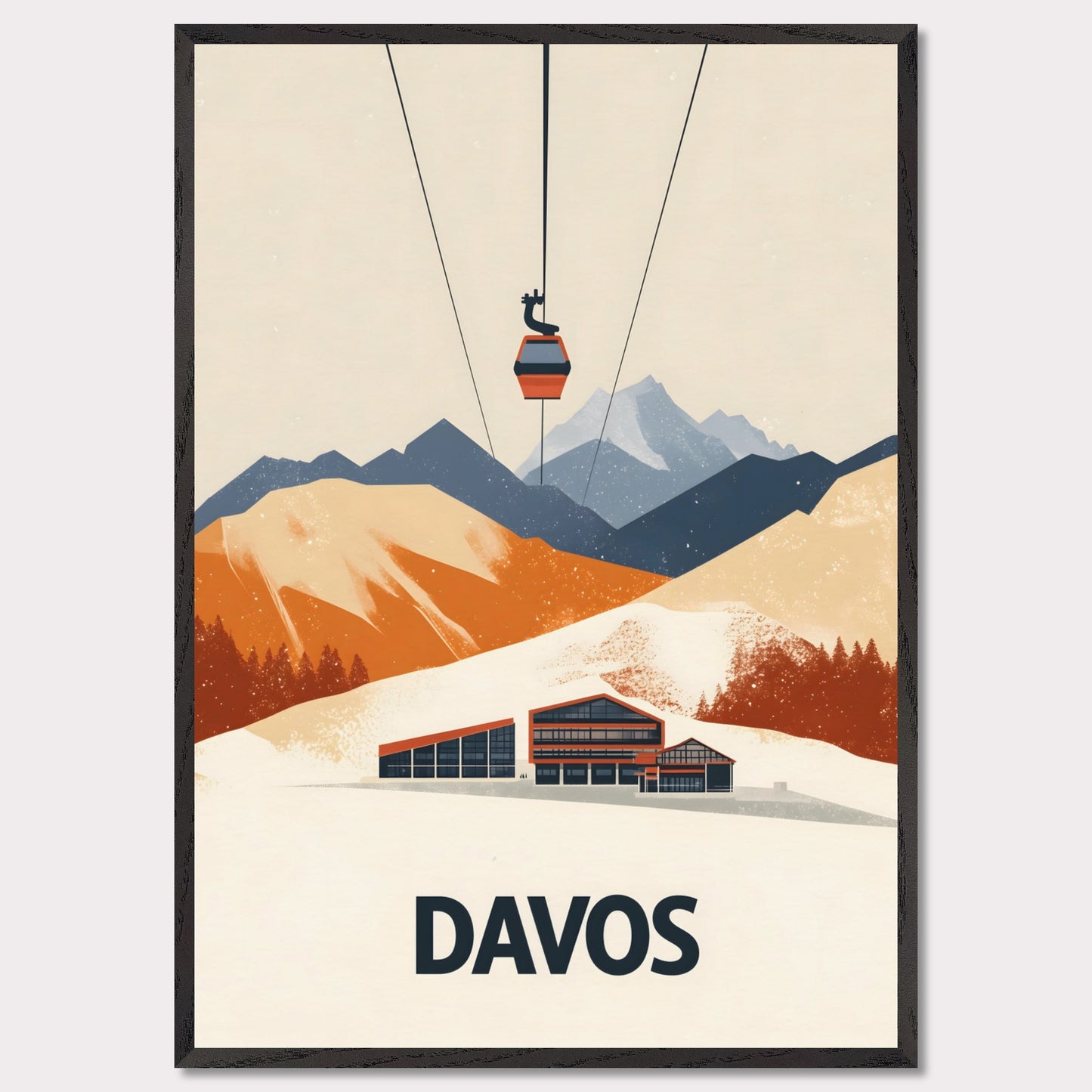 A stunning visual of a winter resort in Davos, nestled among snow-covered mountains. A cable car ascends above, symbolizing the excitement of skiing and high-altitude adventures.