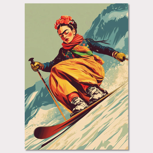 This captivating and artistic poster features Frida Kahlo skiing down a snow-covered slope, embracing both the thrill of winter sports and the vibrancy of her unique style. With a floral crown and colorful attire, Frida brings her creativity and strength to the slopes of the mountains, capturing the harmony between winter adventure and artistic expression. The retro color scheme adds to the vintage charm of the poster, making it a lively and powerful statement piece.