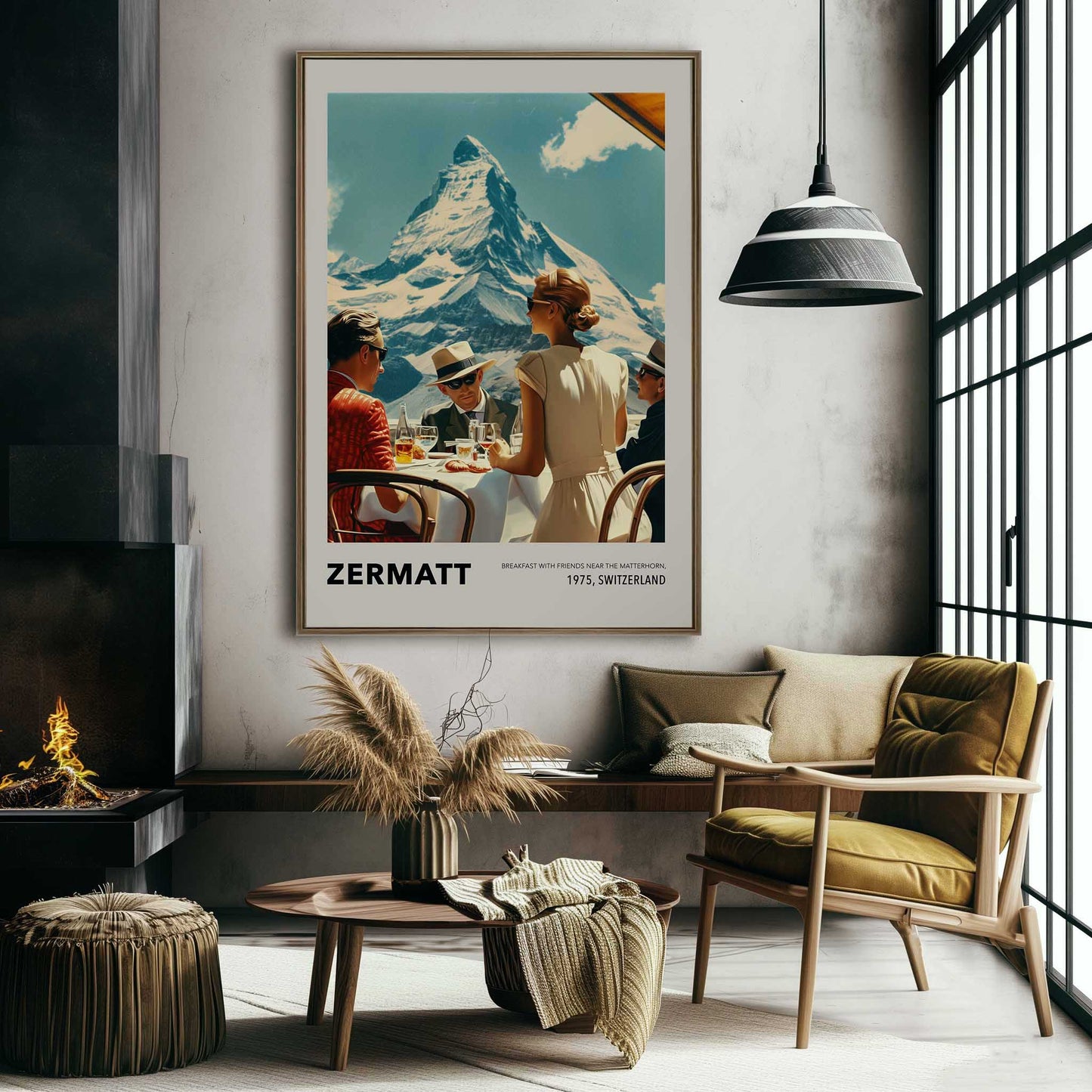 Experience the charm of Zermatt with this vintage poster featuring a group of friends enjoying breakfast against the stunning backdrop of the Matterhorn. This nostalgic scene from 1975, Switzerland, captures the essence of leisurely mornings and breathtaking mountain views.