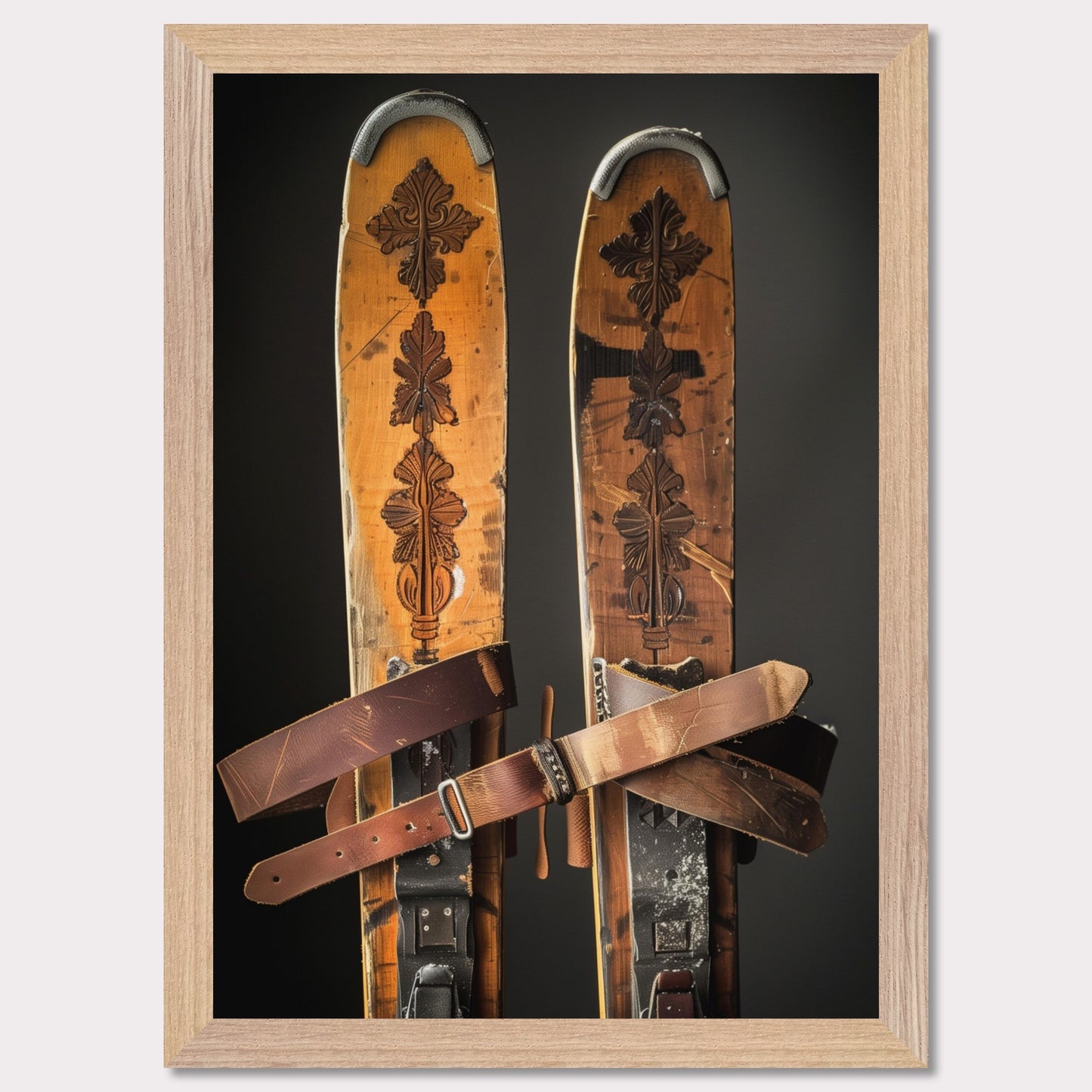 Immerse yourself in the nostalgia of winter sports with this captivating image of vintage wooden skis. These beautifully crafted skis feature intricate carvings and sturdy leather bindings, showcasing the elegance and durability of traditional ski equipment. The worn texture tells a story of countless adventures on snowy slopes. Perfect for ski enthusiasts and lovers of vintage decor alike.