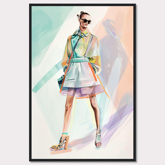 This stunning artwork features a stylish figure in a vibrant, modern outfit. The person is wearing a colorful, translucent coat over a layered skirt, with high-fashion heels and chic sunglasses. The background is an abstract blend of pastel colors, enhancing the fashionable vibe.