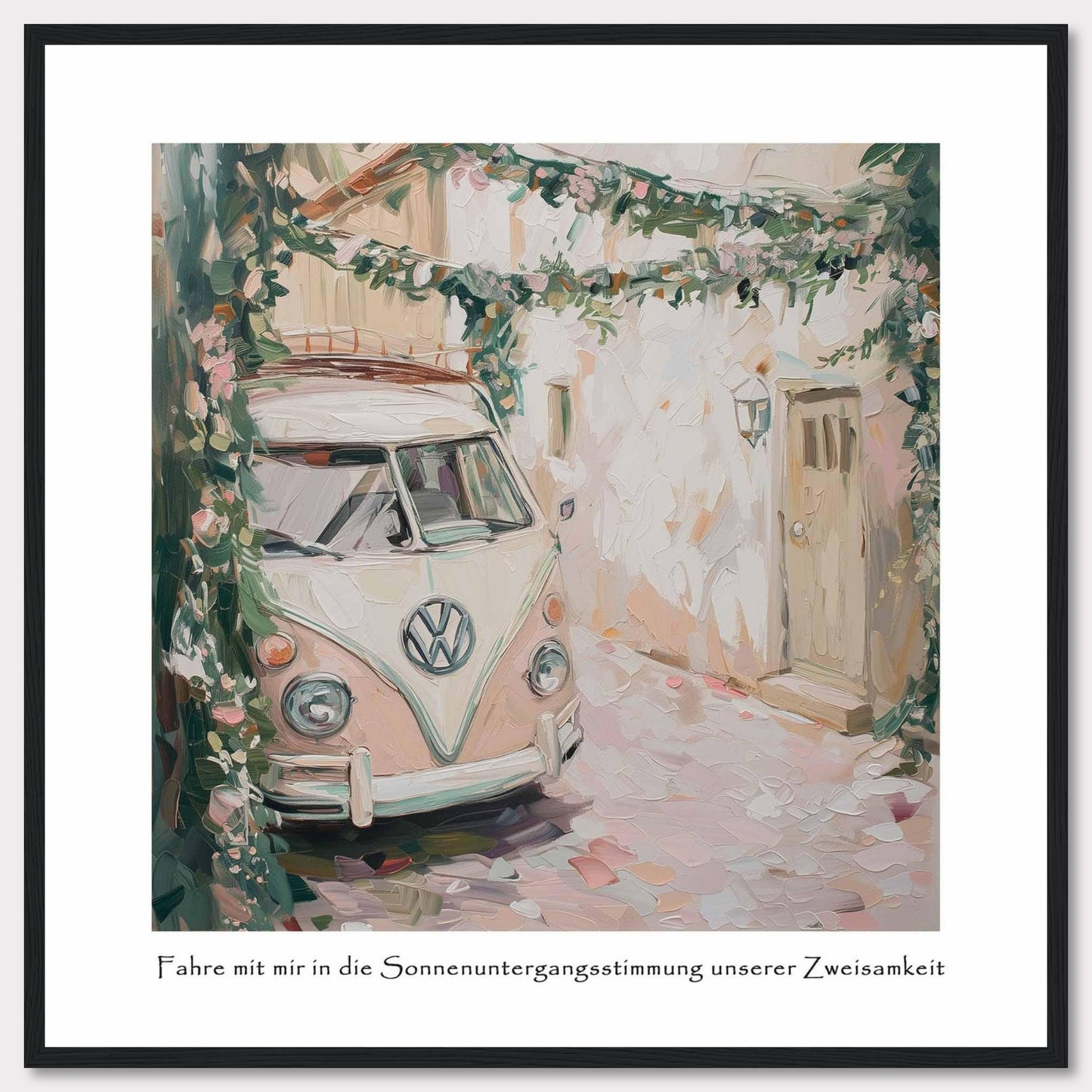 This charming painting depicts a vintage van parked in a quaint alleyway, surrounded by lush greenery and flowers. The soft pastel colors and impressionistic style create a dreamy, nostalgic atmosphere.