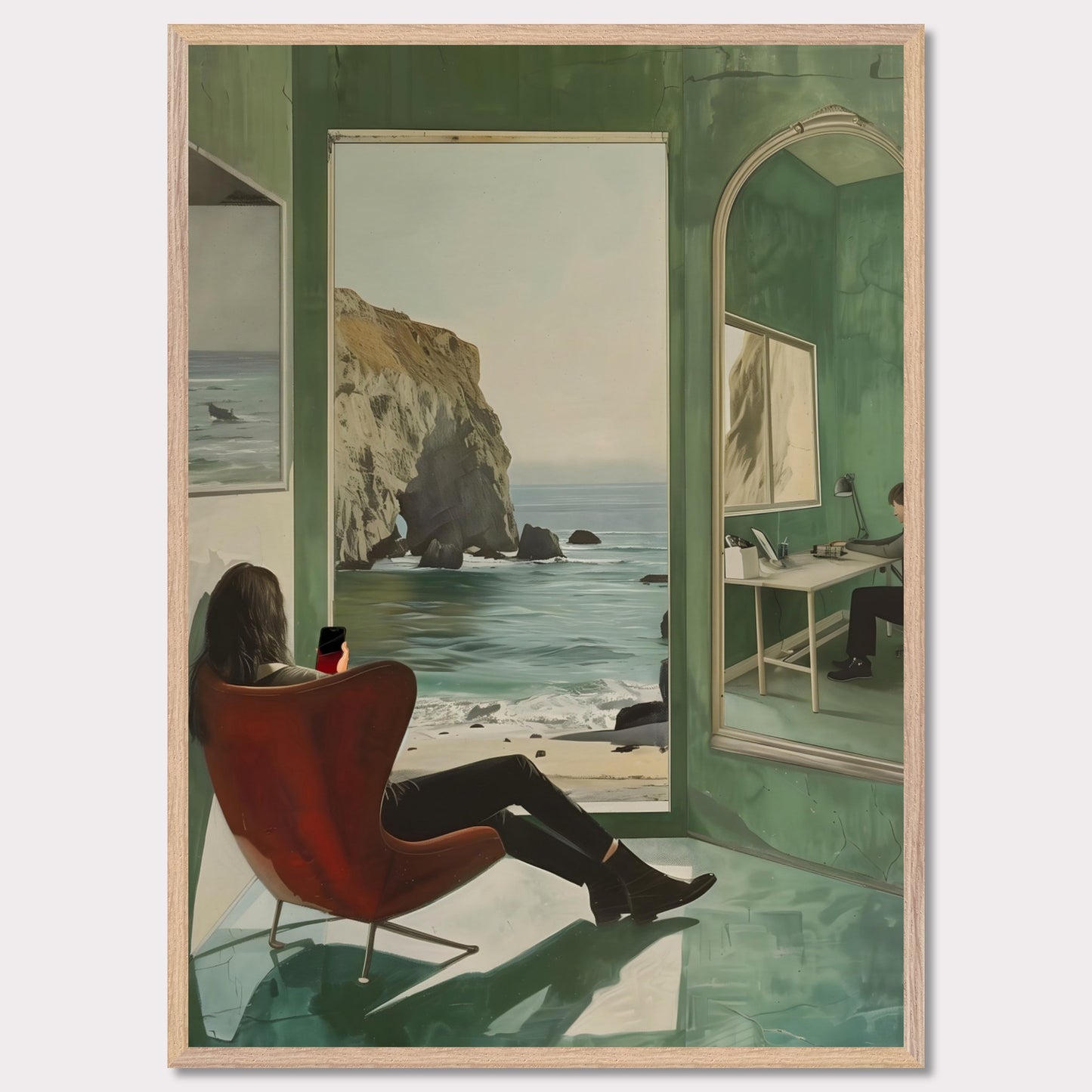 This captivating artwork depicts a serene coastal scene viewed from inside a room. A person is seated in a red chair, gazing out at the ocean through an open window. The reflection of another person working at a desk is visible in a large mirror on the right side. The room's green walls and floor create a calming ambiance, enhancing the peacefulness of the ocean view.