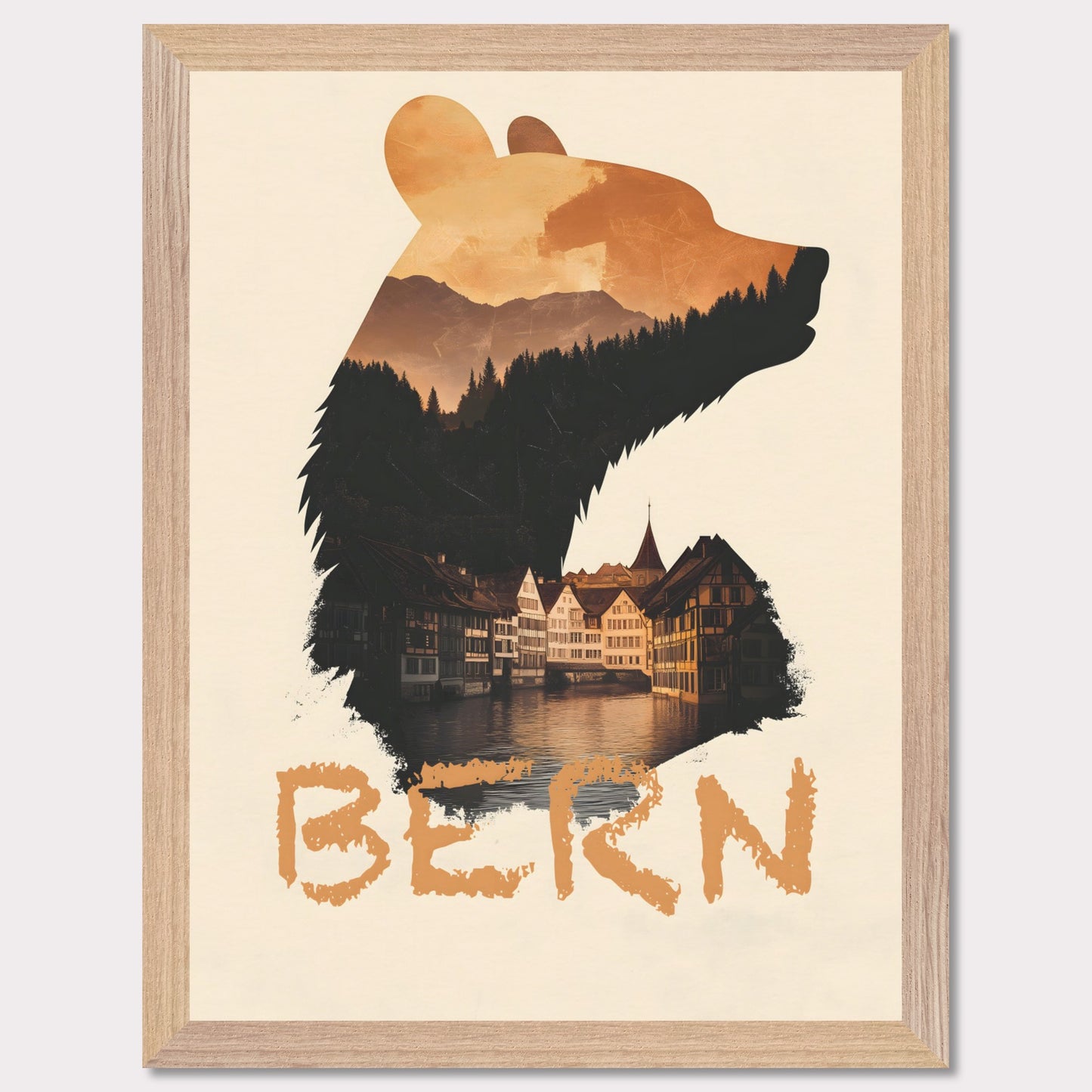 A captivating travel poster that merges Bern’s iconic bear symbol with the city’s historic charm. The silhouette of the bear contains a stunning landscape of alpine forests and traditional Swiss architecture, reflecting the city's rich heritage.