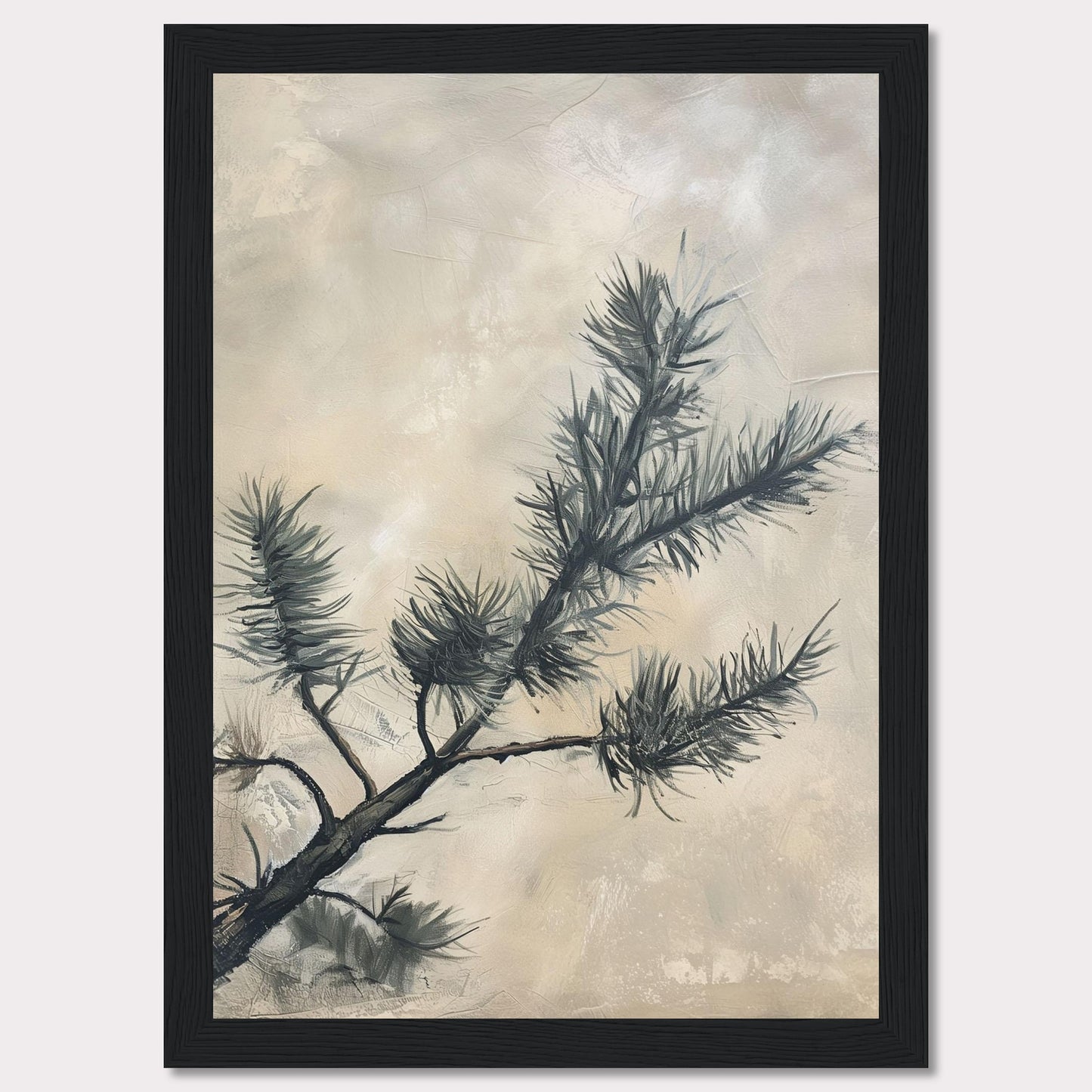 This elegant artwork features a delicate pine branch set against a soft, muted background. The painting captures the serene beauty of nature with its minimalist design and subtle color palette.