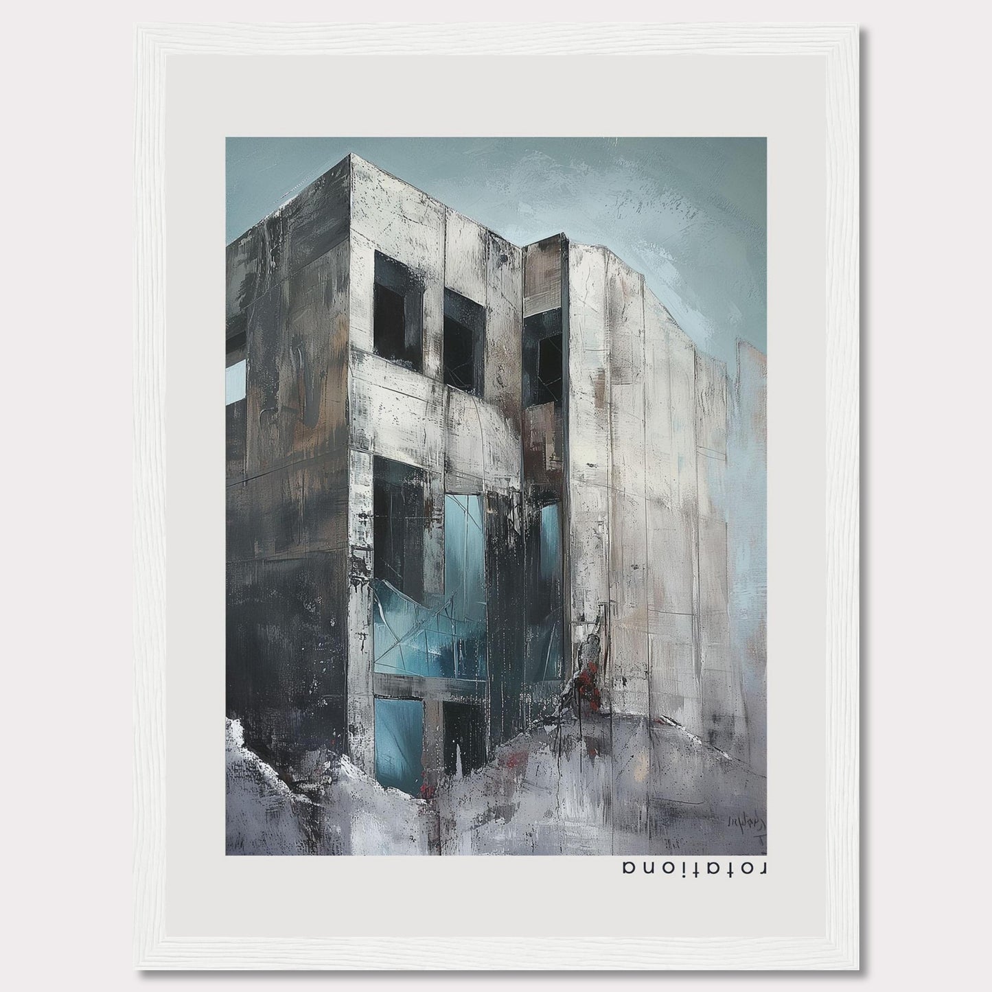 This striking artwork captures a modern, abstract building with a raw and industrial aesthetic. The painting features a weathered facade with large, dark windows, and a mix of cool and neutral tones that evoke a sense of mystery and intrigue.