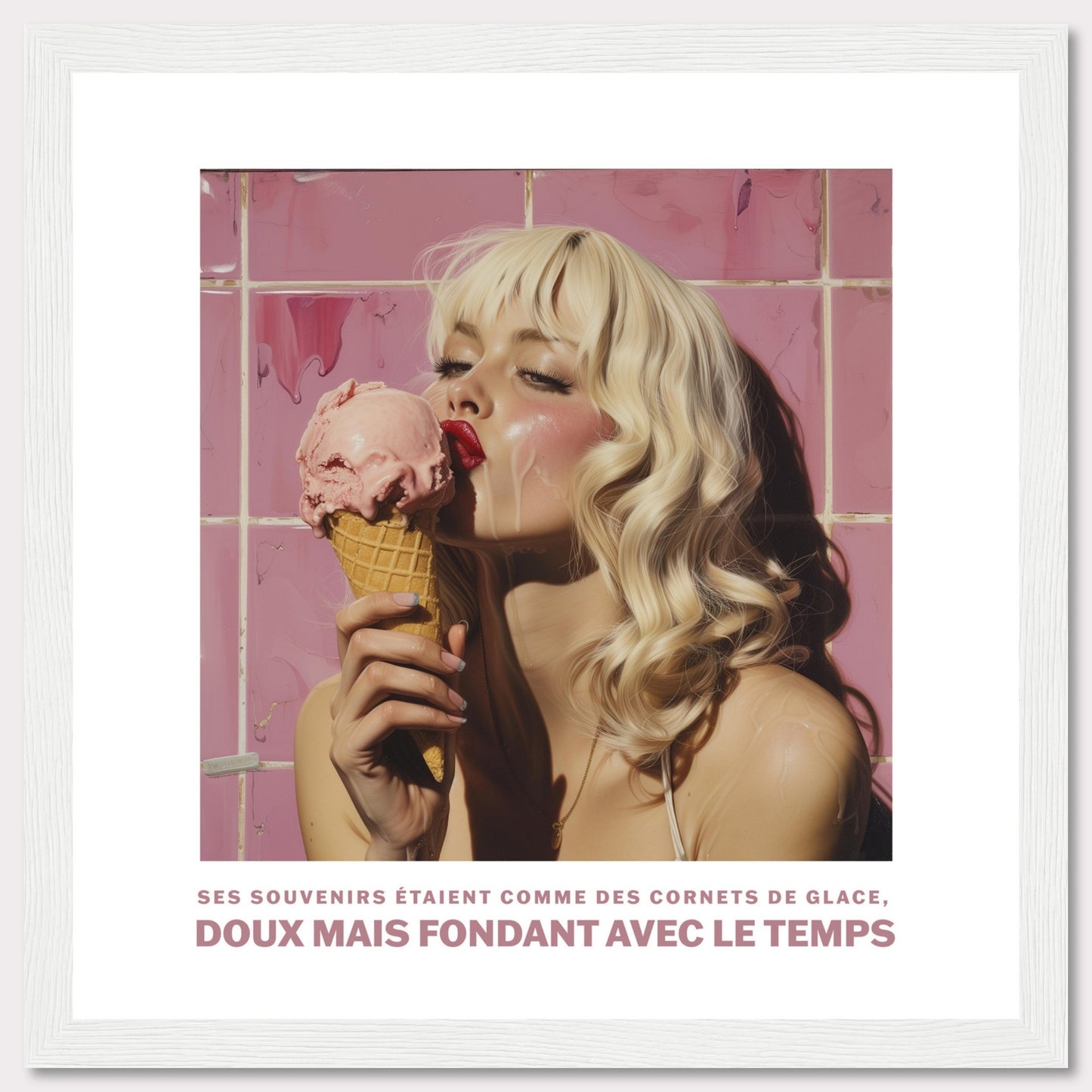 This image features a woman with blonde hair enjoying a pink ice cream cone against a backdrop of pink tiles. The text at the bottom reads: "Ses souvenirs étaient comme des cornets de glace, doux mais fondant avec le temps," which translates to "Her memories were like ice cream cones, sweet but melting with time."