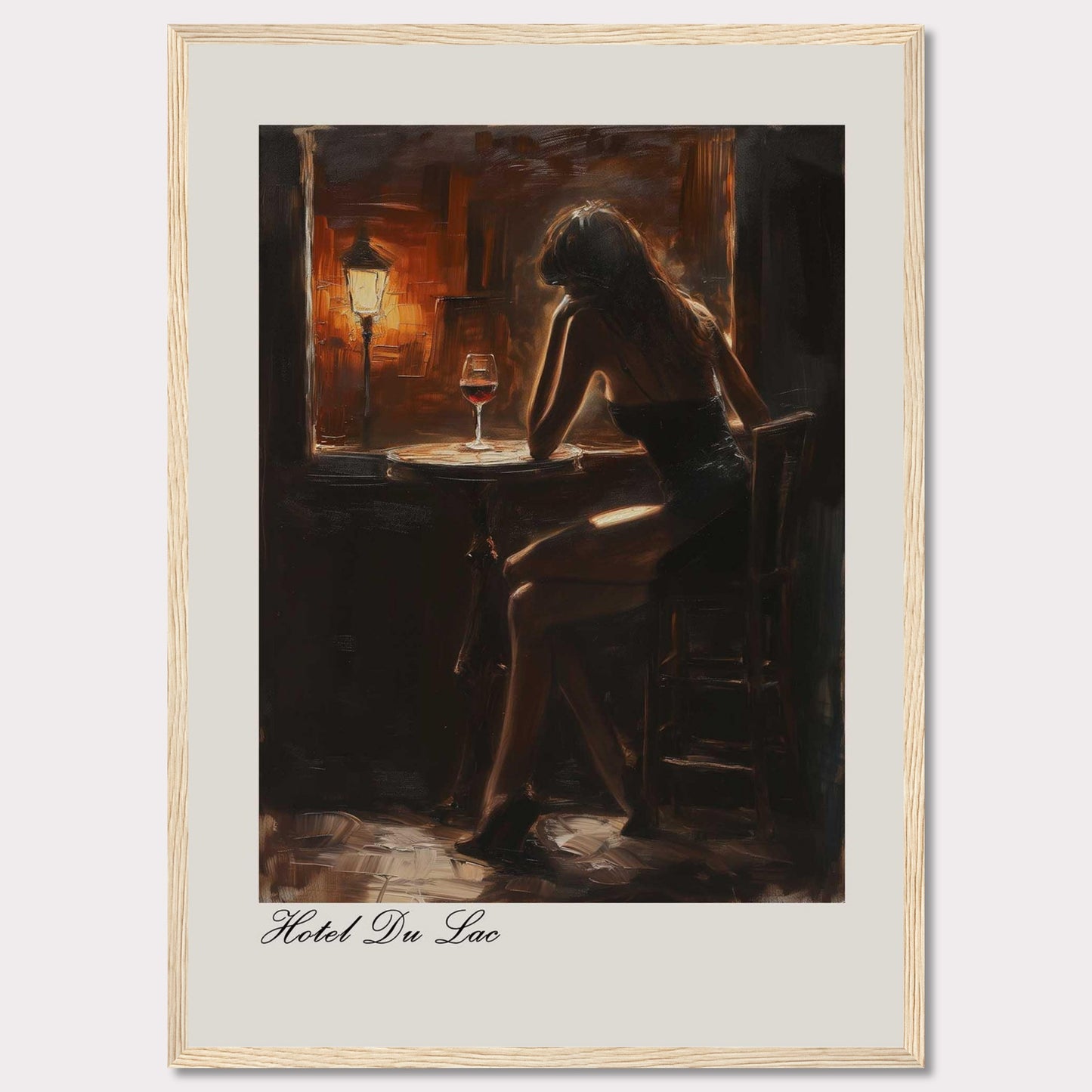 This evocative artwork captures a solitary moment in a dimly lit bar. A woman sits contemplatively at a small round table, illuminated by the warm glow of a nearby lamp. A glass of red wine rests on the table, adding to the intimate and reflective atmosphere. The painting is titled "Hotel Du Lac," suggesting a scene filled with stories and emotions.