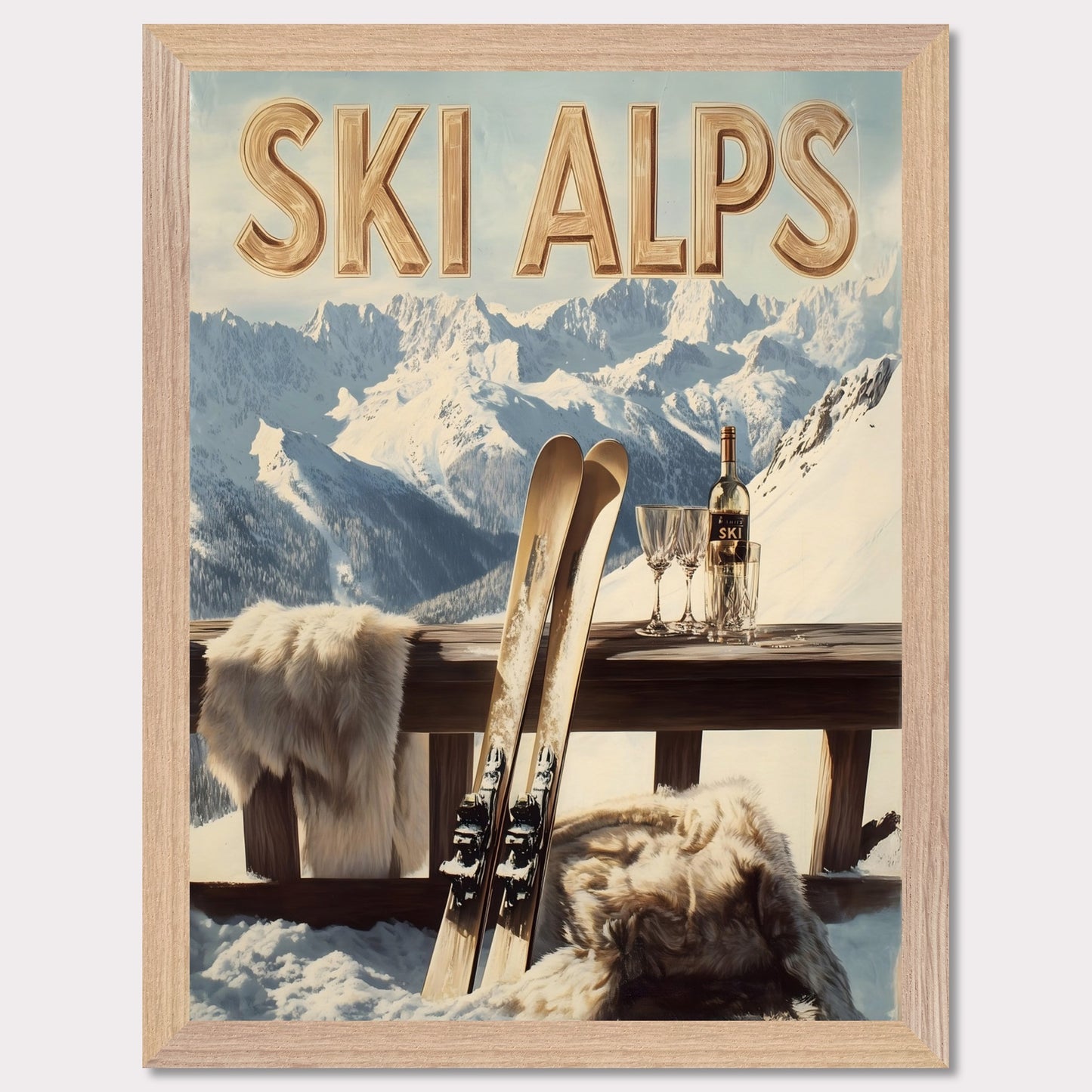 This captivating poster invites you to a serene alpine retreat, where snowy peaks stretch into the horizon. A pair of classic wooden skis leans against a rustic balcony railing, adorned with soft fur for added warmth. A bottle of fine wine and elegant glasses sit atop the table, perfectly complementing the breathtaking mountain backdrop.