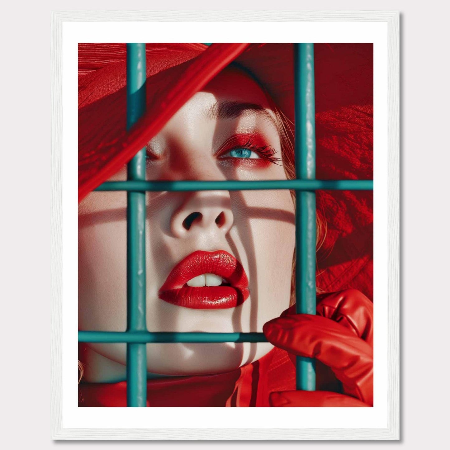 This striking portrait captures a close-up of a woman's face, emphasizing her vibrant red lips and eye makeup. She is framed behind teal bars, adding a sense of intrigue and contrast to the image. The vivid red hat and gloves complement her makeup, creating a bold and captivating visual. This artwork evokes a sense of mystery and allure.