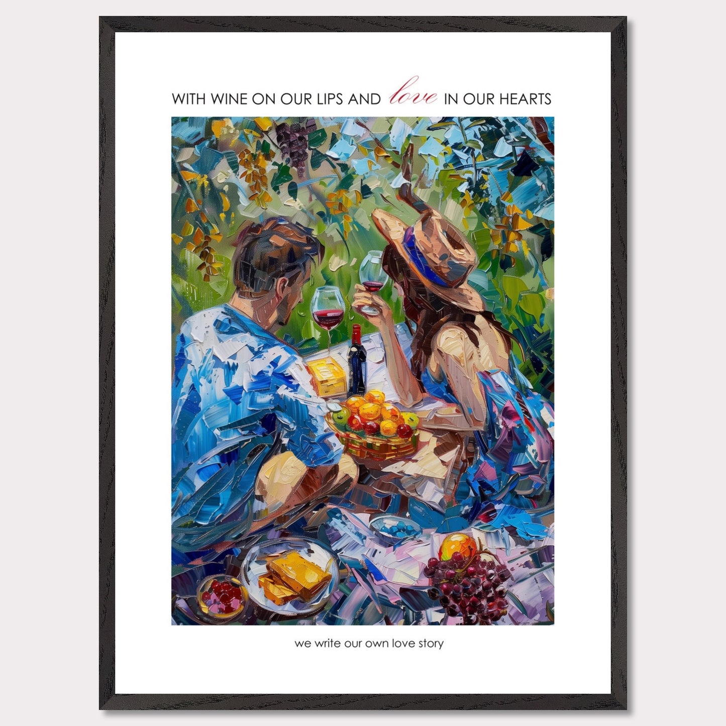 Couple on a summer picnic - Poster with a wooden frame