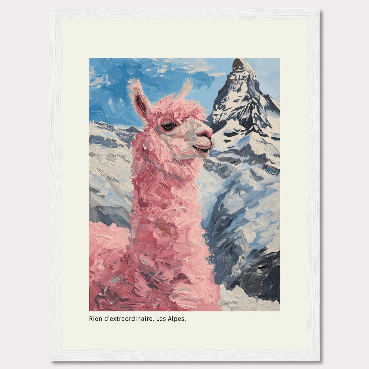 This whimsical painting features a pink llama standing proudly against the backdrop of the majestic Alps. The vibrant colors and playful brushstrokes bring a sense of fun and adventure to the scene.