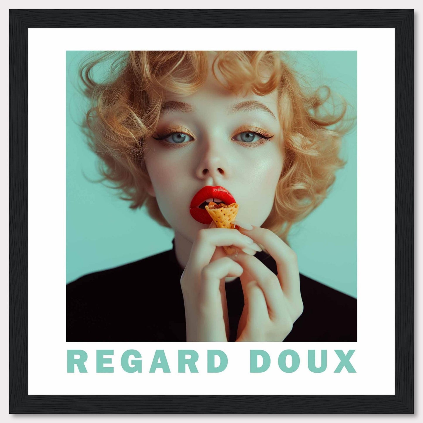 This captivating image showcases a young woman with striking red lips, holding a small cone-shaped snack close to her mouth. Her curly blonde hair frames her face beautifully, and her eyes exude a gentle, dreamy expression. The background is a soft teal color, adding to the overall serene and enchanting atmosphere. The text "REGARD DOUX" at the bottom translates to "Soft Gaze," perfectly capturing the essence of the image.