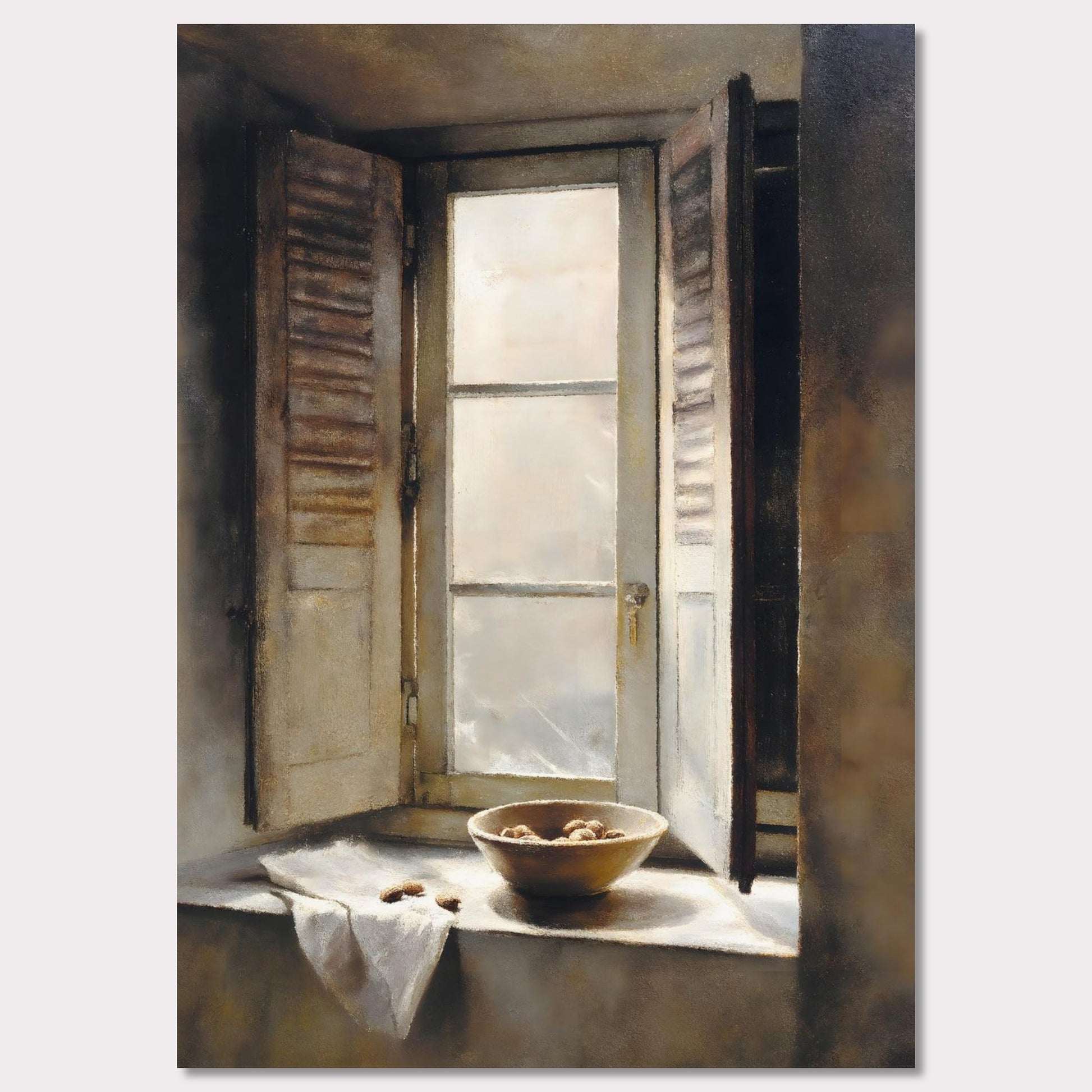Golden light streams through an old shuttered window, catching the edge of a ceramic bowl filled with walnuts. A linen cloth rests gently nearby, suggesting quiet hands and slow mornings. This image is domestic poetry — a tribute to texture, stillness, and time.