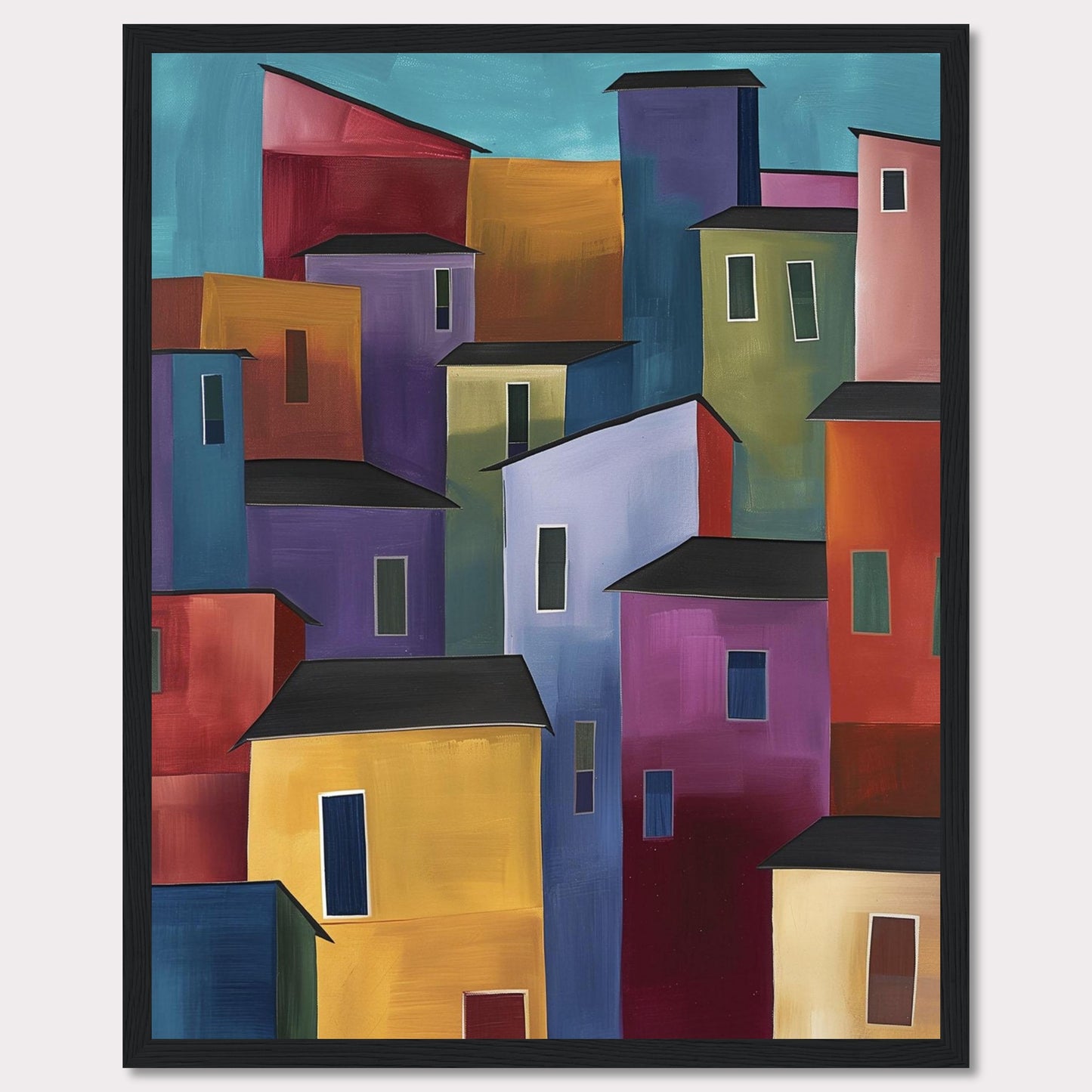 This vibrant painting features a colorful array of abstract buildings, each with unique hues and shapes, set against a serene blue sky. The bold use of colors and geometric forms creates a lively and dynamic cityscape.