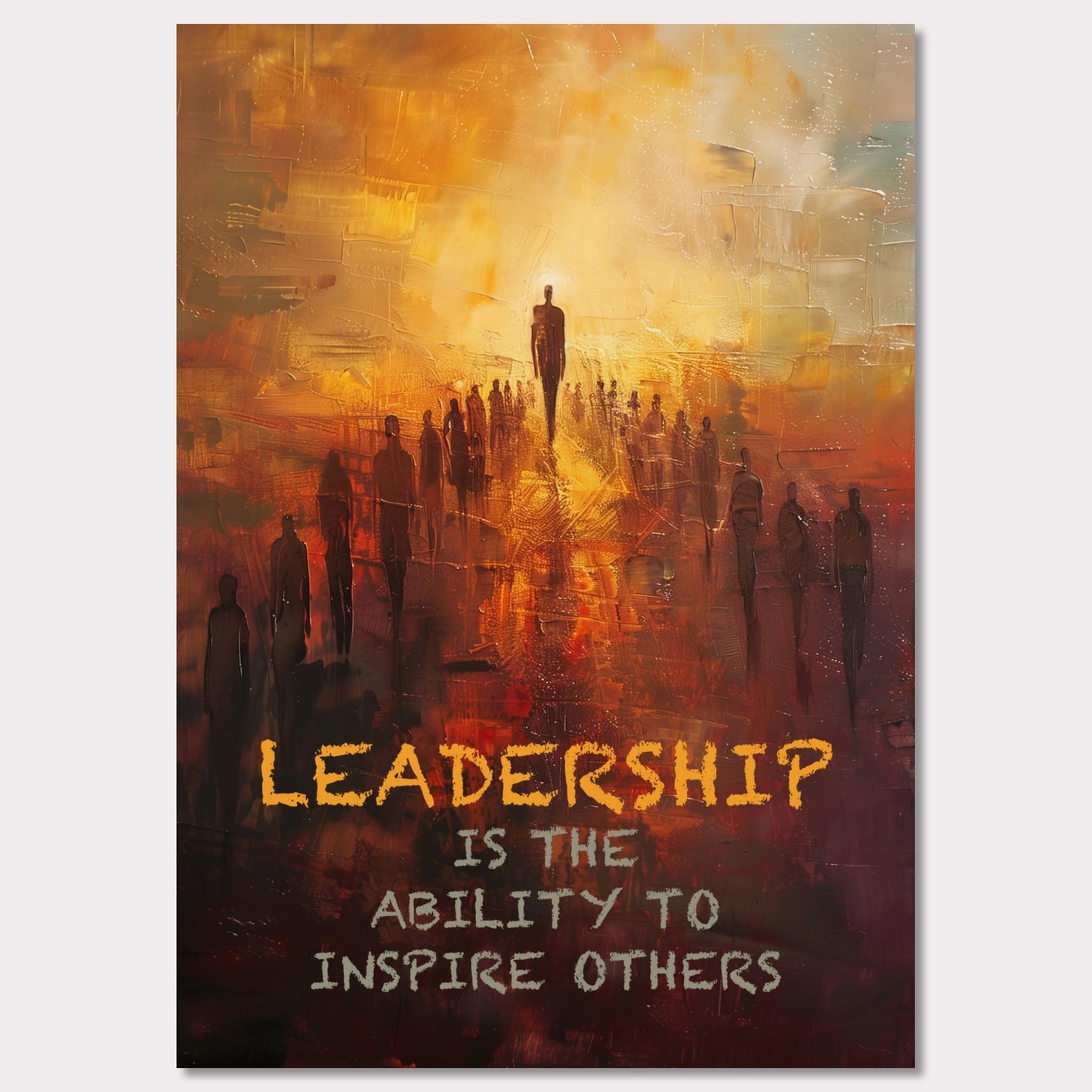 This image depicts a motivational poster with an abstract painting of a group of people following a prominent figure, symbolizing leadership. The background is a blend of warm colors like orange and yellow, creating a sense of inspiration and energy.