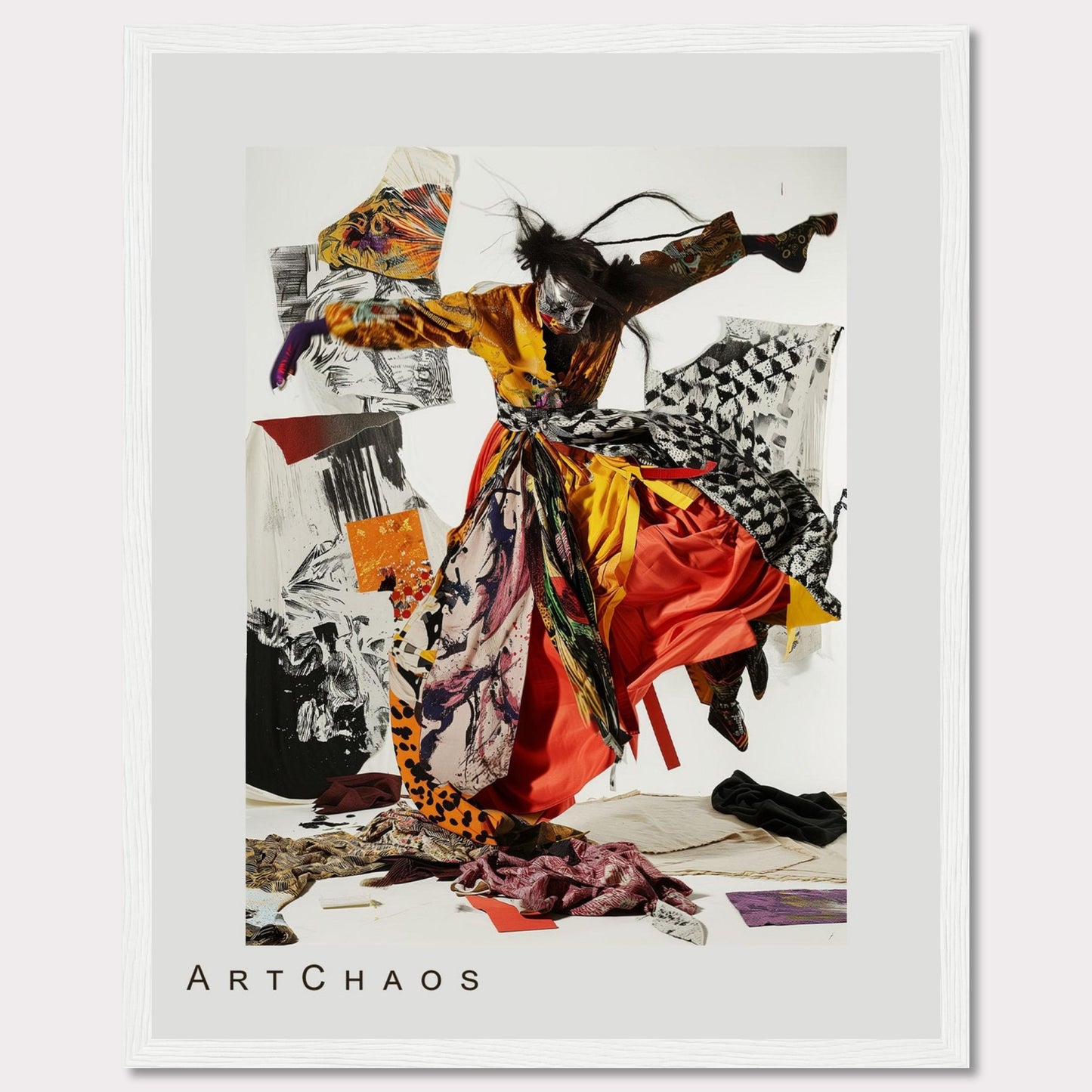 This captivating artwork features a dynamic figure in vibrant, flowing attire, seemingly caught in mid-motion. The background is a collage of abstract patterns and textures, adding depth and intrigue to the piece. The mix of bold colors and chaotic elements creates a sense of energy and movement.