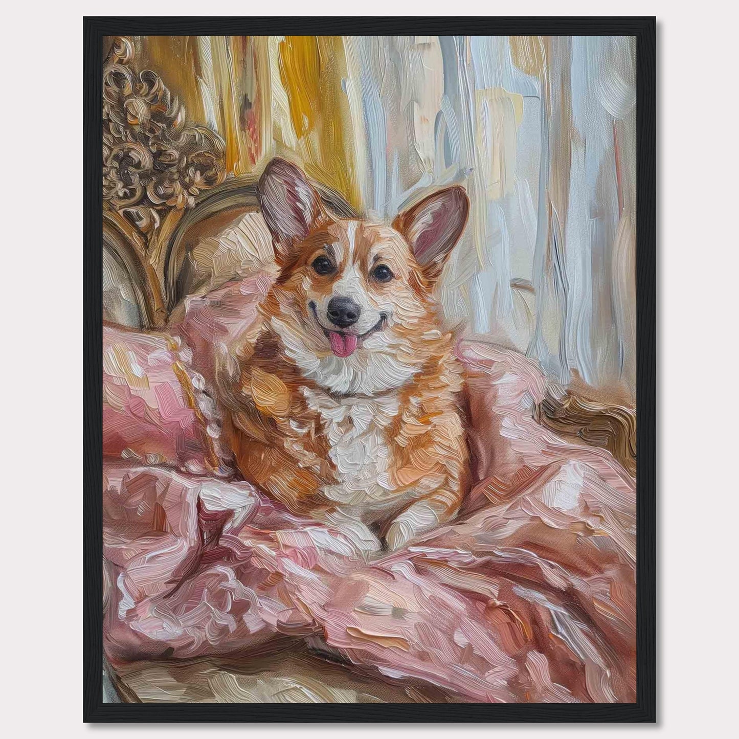 This charming painting captures a joyful corgi nestled in luxurious pink bedding, exuding warmth and happiness. The background features elegant drapery and ornate furniture, adding a touch of sophistication to the scene.