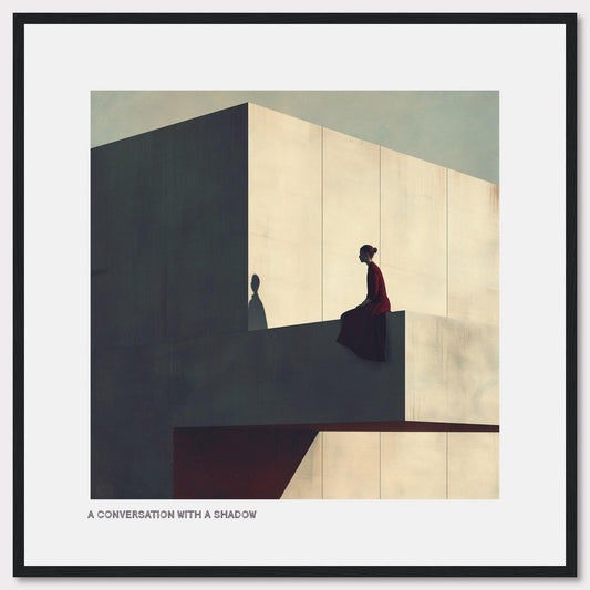 This image features a solitary figure sitting on the edge of a minimalist, geometric structure. The person is dressed in a dark outfit and appears to be deep in thought, casting a distinct shadow on the wall behind them. The scene is serene and contemplative, with a soft, muted color palette.