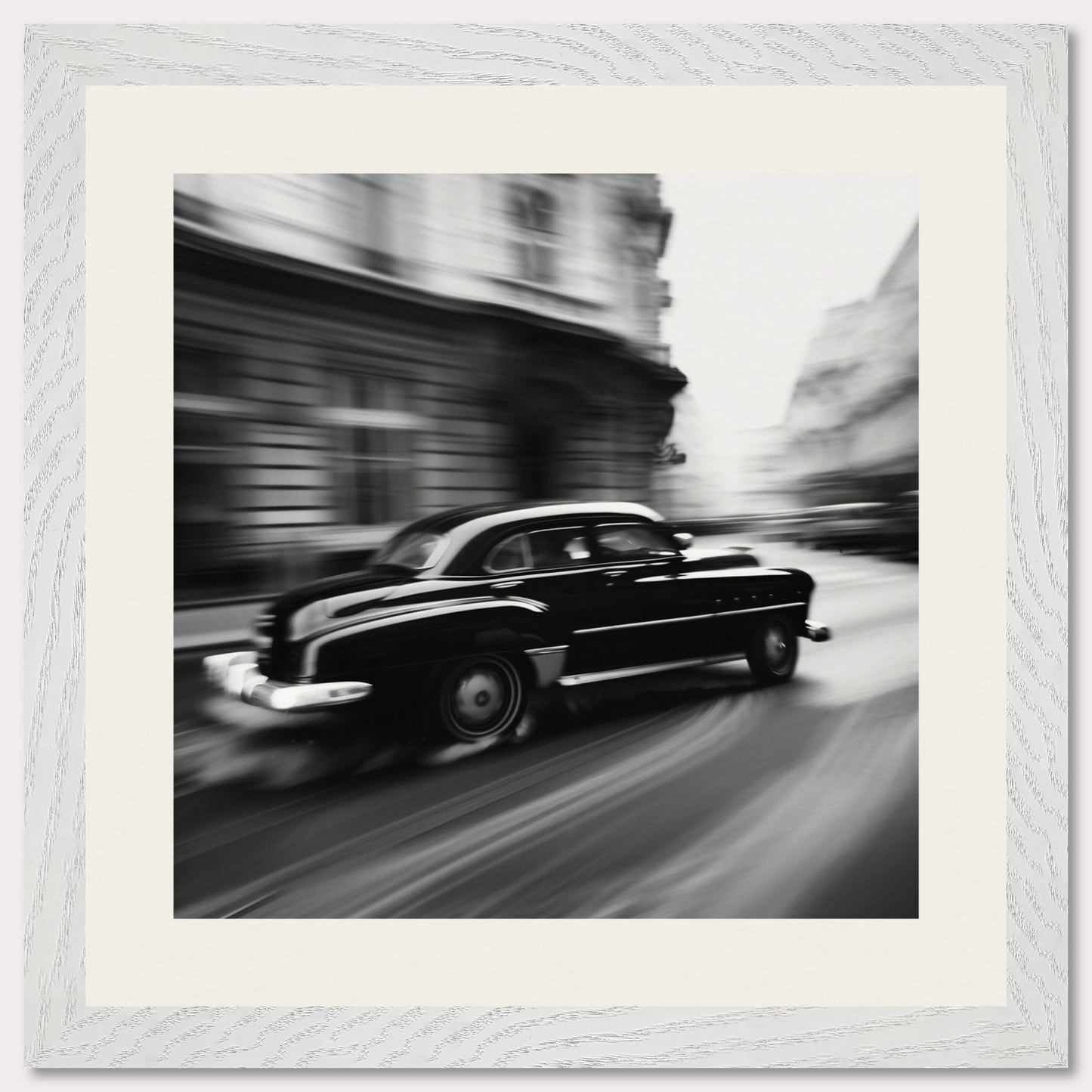 This illustration depicts a black vintage car speeding through a city street, with buildings blurred in the background to convey motion.