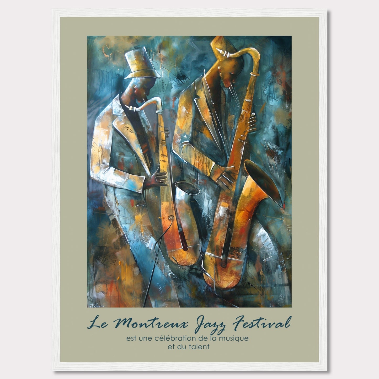 This vibrant artwork captures the essence of jazz with two musicians passionately playing their saxophones. The rich, abstract background adds depth and movement to the scene, emphasizing the dynamic nature of the music. The text at the bottom reads, "Le Montreux Jazz Festival est une célébration de la musique et du talent," highlighting the festival's celebration of music and talent.