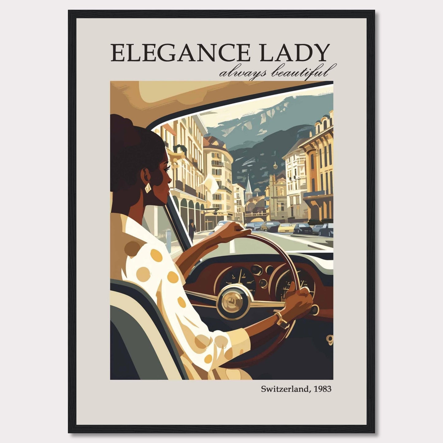 This image depicts a stylish woman driving through a picturesque European city, exuding elegance and confidence.