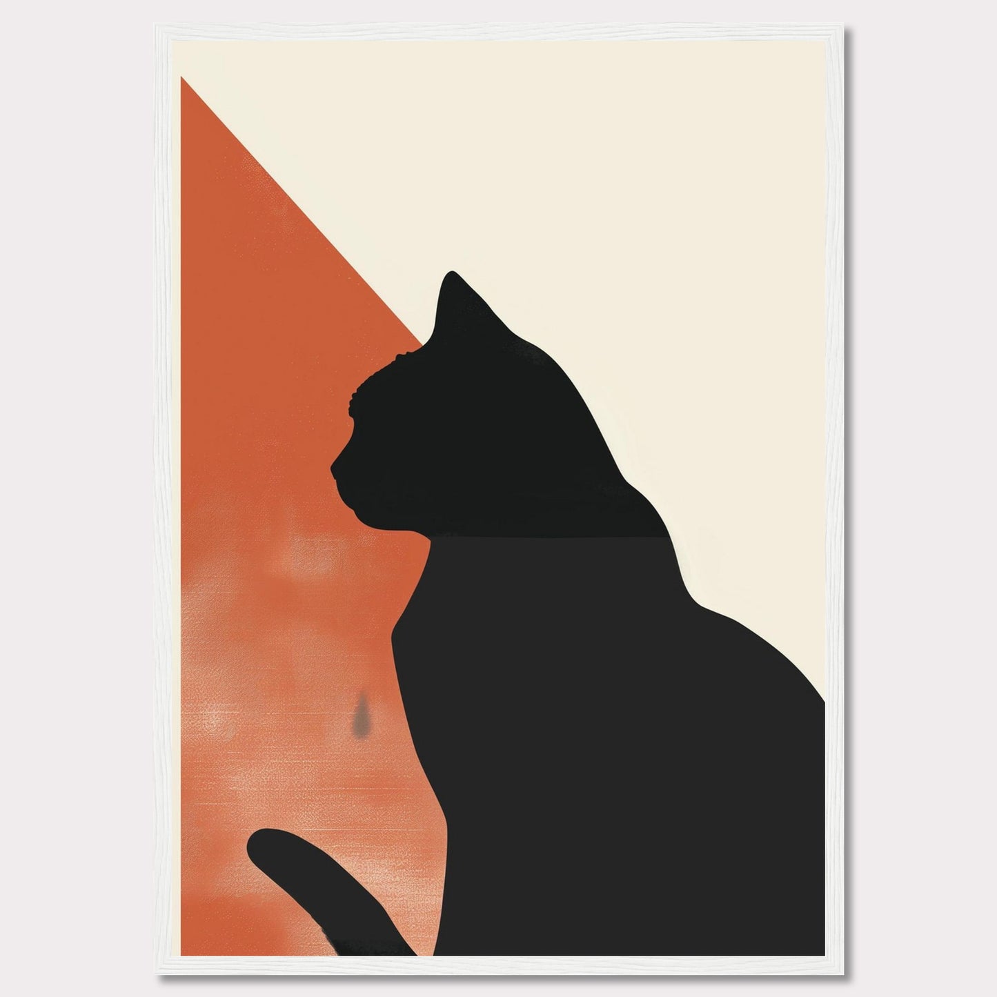 This minimalist art piece features the silhouette of a cat against a backdrop of contrasting colors. The design integrates a bold black cat figure with an orange and cream geometric background, creating a striking visual effect. The simplicity and elegance of this artwork make it a perfect addition to any modern living space.