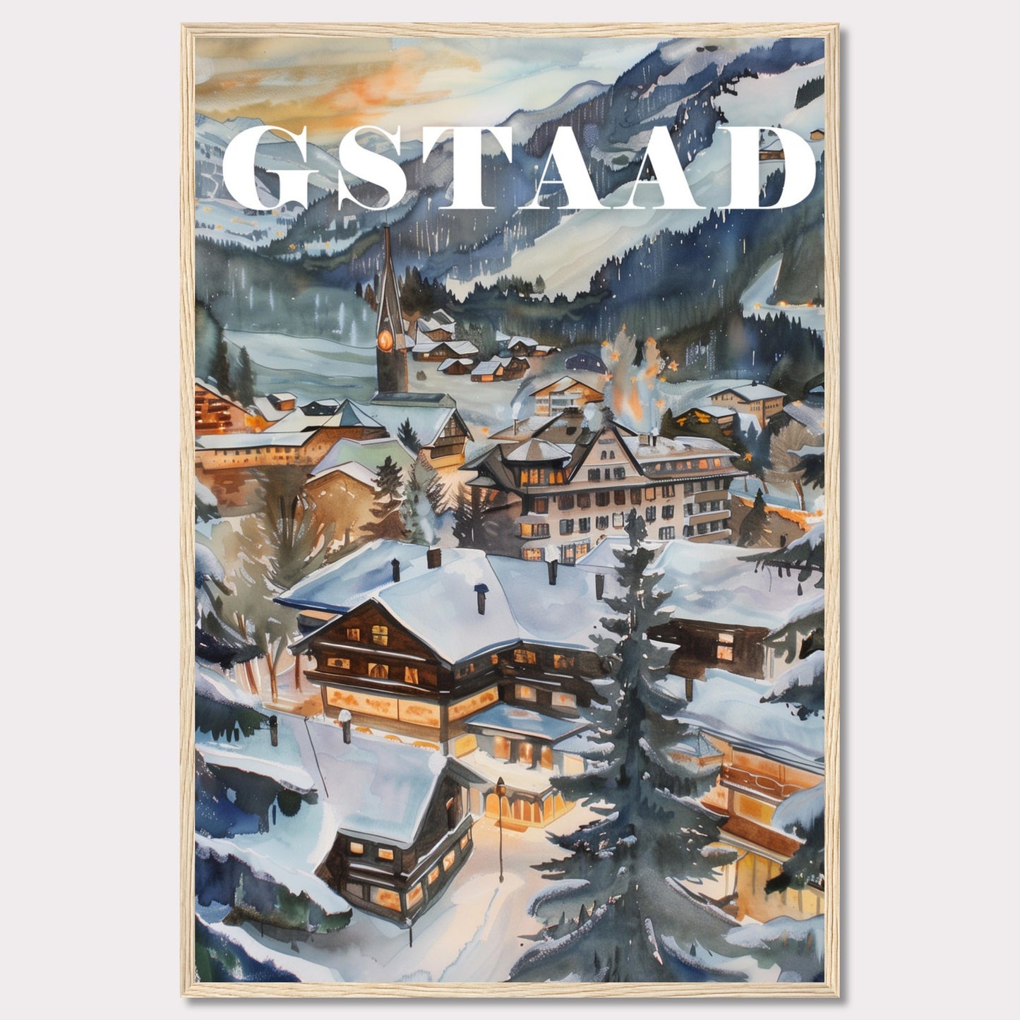 This image showcases a beautiful winter scene of Gstaad, a picturesque village nestled in the Swiss Alps. The painting captures the charm of snow-covered chalets, pine trees, and a serene mountainous backdrop under a soft evening sky.