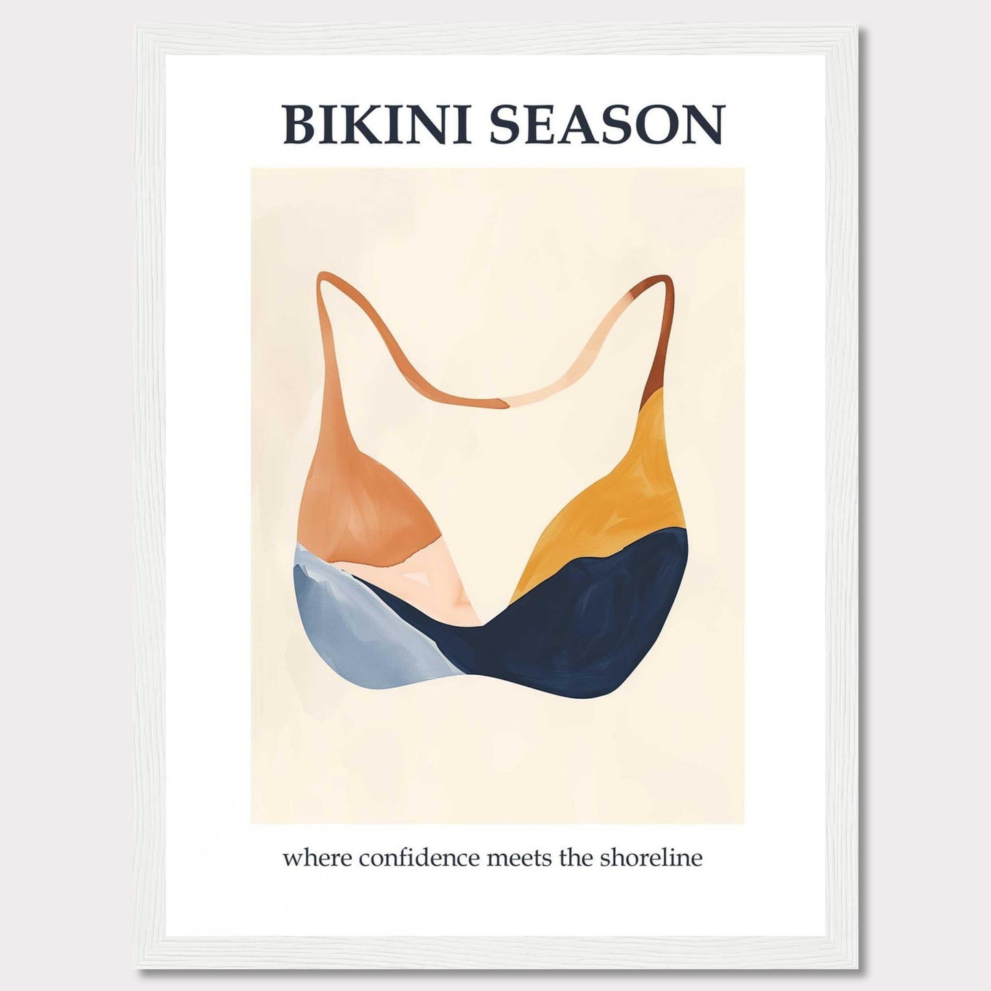 1805132This image showcases a minimalist poster with an artistic depiction of a bikini top. The text "BIKINI SEASON" is prominently displayed at the top, while the phrase "where confidence meets the shoreline" is written at the bottom.0-7f4c-4716-8c84-0b9b08fda410