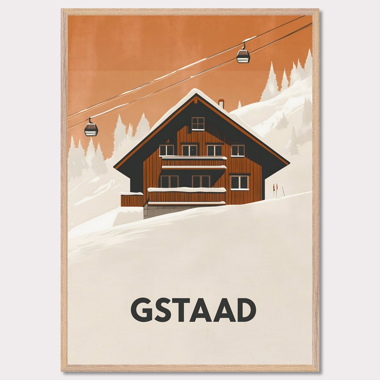 A warm, inviting scene of a traditional Swiss chalet surrounded by snowy slopes. A cable car ascends into the distance, emphasizing the region’s skiing culture and cozy mountain retreat.