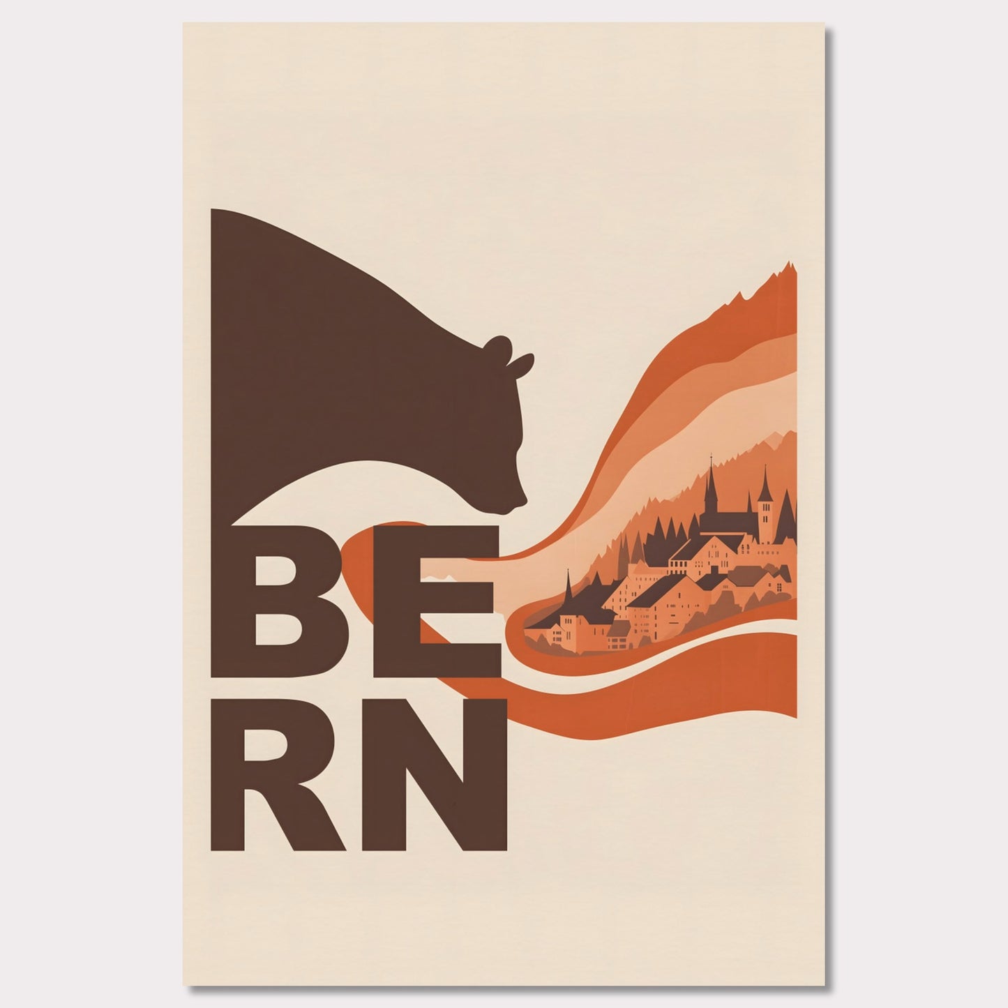 This elegant poster portrays a bear embracing the architectural landscapes of Bern. With flowing lines connecting nature and culture, it conveys the charm of this Swiss city.