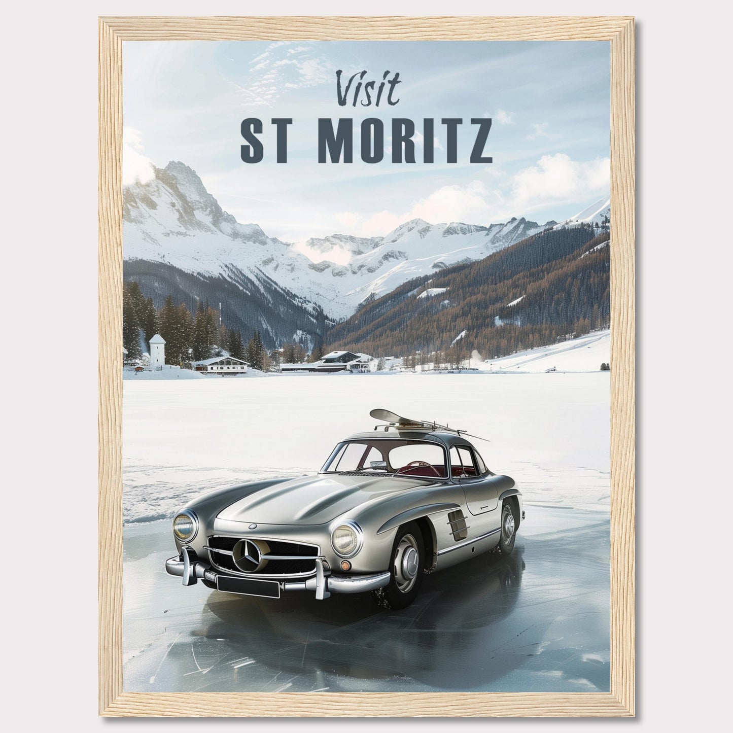 Discover the breathtaking beauty of St. Moritz with this stunning poster. Featuring a classic silver car parked on a frozen lake, surrounded by majestic snow-capped mountains and cozy alpine chalets.