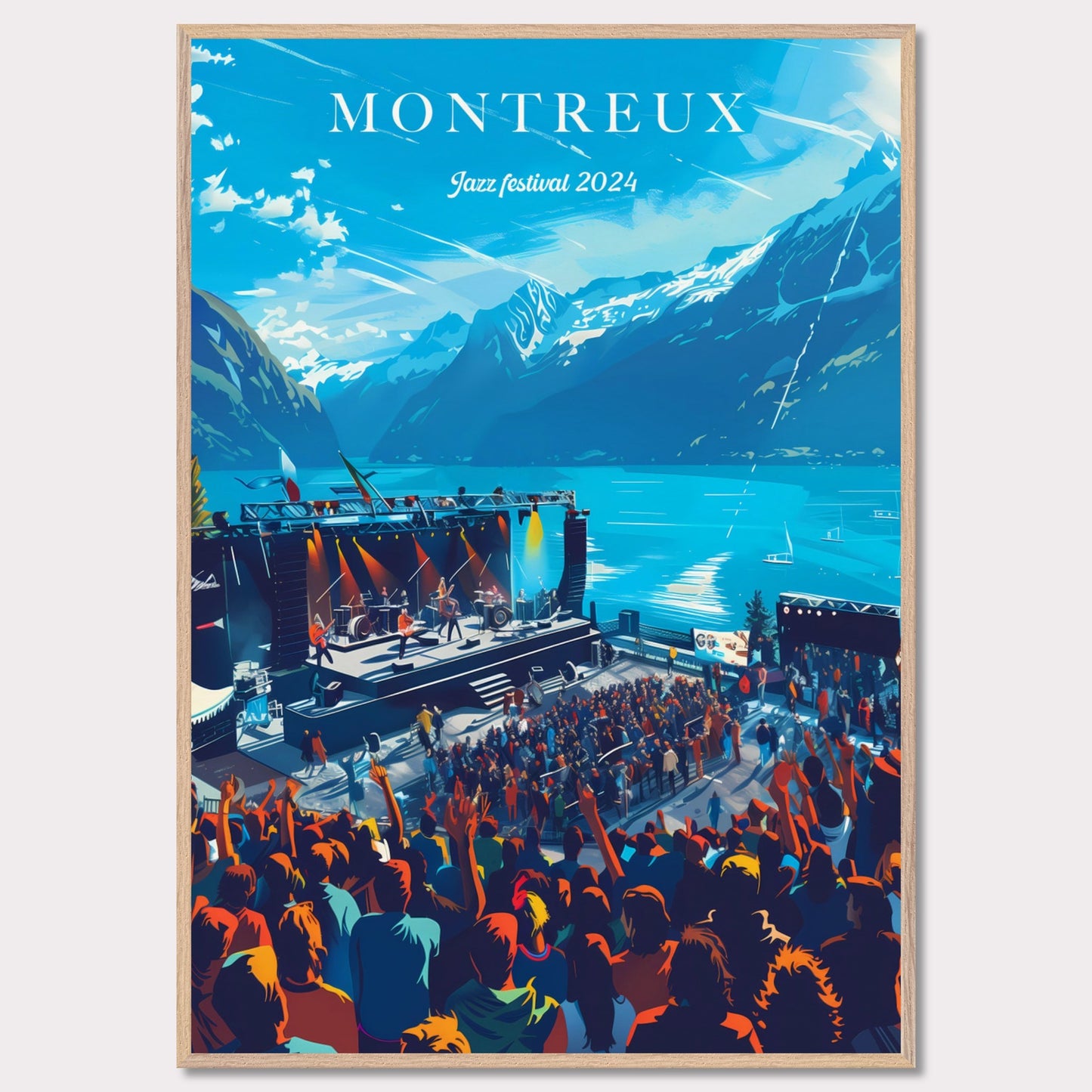 This vibrant poster showcases the Montreux Jazz Festival 2024, set against the stunning backdrop of Lake Geneva and the Swiss Alps. The image features a lively crowd enjoying a performance on an outdoor stage, with musicians playing under a clear blue sky.