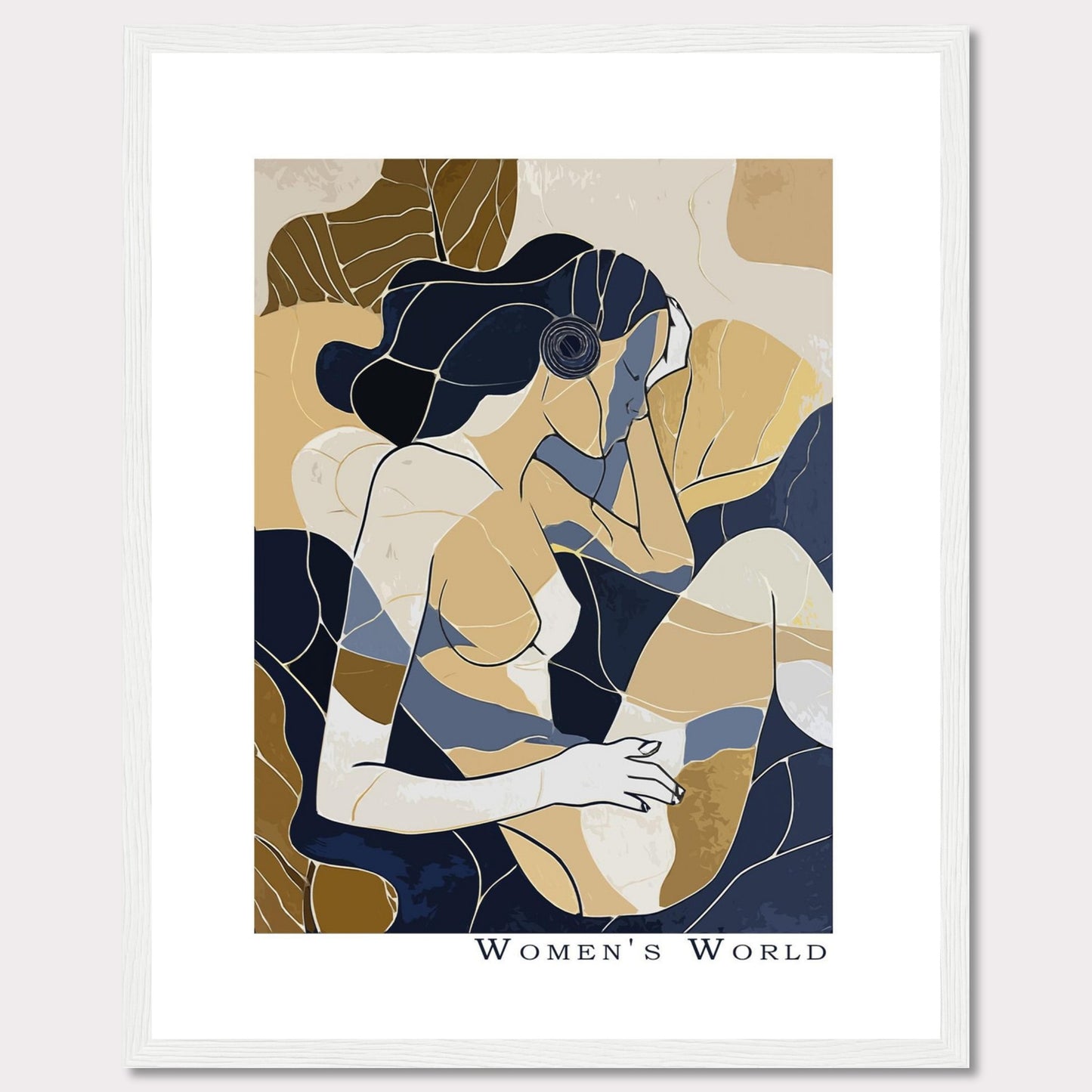 This is a contemporary art print titled "Women's World," featuring an abstract depiction of a woman in muted tones of blue, beige, and brown. The artwork is framed in a sleek black frame.