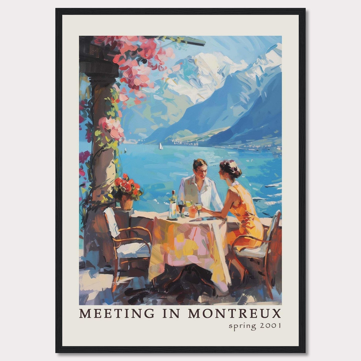 This vibrant poster captures a serene moment of a couple dining outdoors with the stunning backdrop of Montreux's picturesque lakeside and mountains.