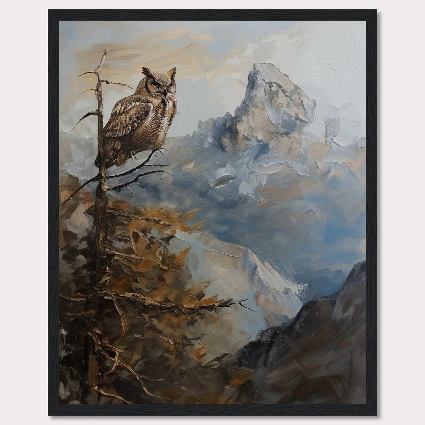 This captivating painting depicts a majestic owl perched on a branch, overlooking a rugged mountain landscape. The scene is rendered in rich, earthy tones and dynamic brushstrokes, capturing the serene yet powerful essence of nature.