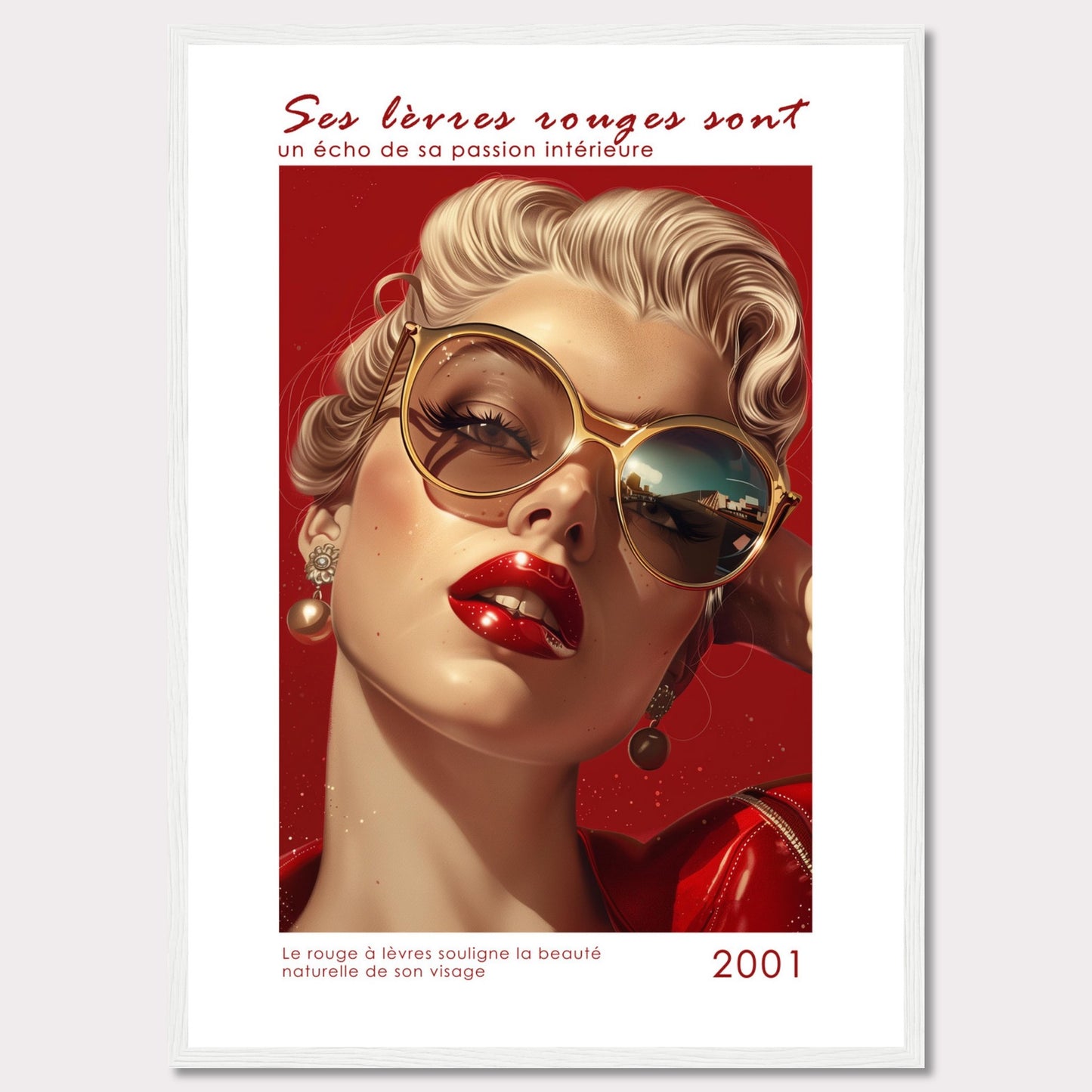 This captivating image features a glamorous woman with bold red lipstick, exuding confidence and allure. Her stylish sunglasses and elegant earrings add to her sophisticated look. The background is a striking red, enhancing the overall intensity of the image.