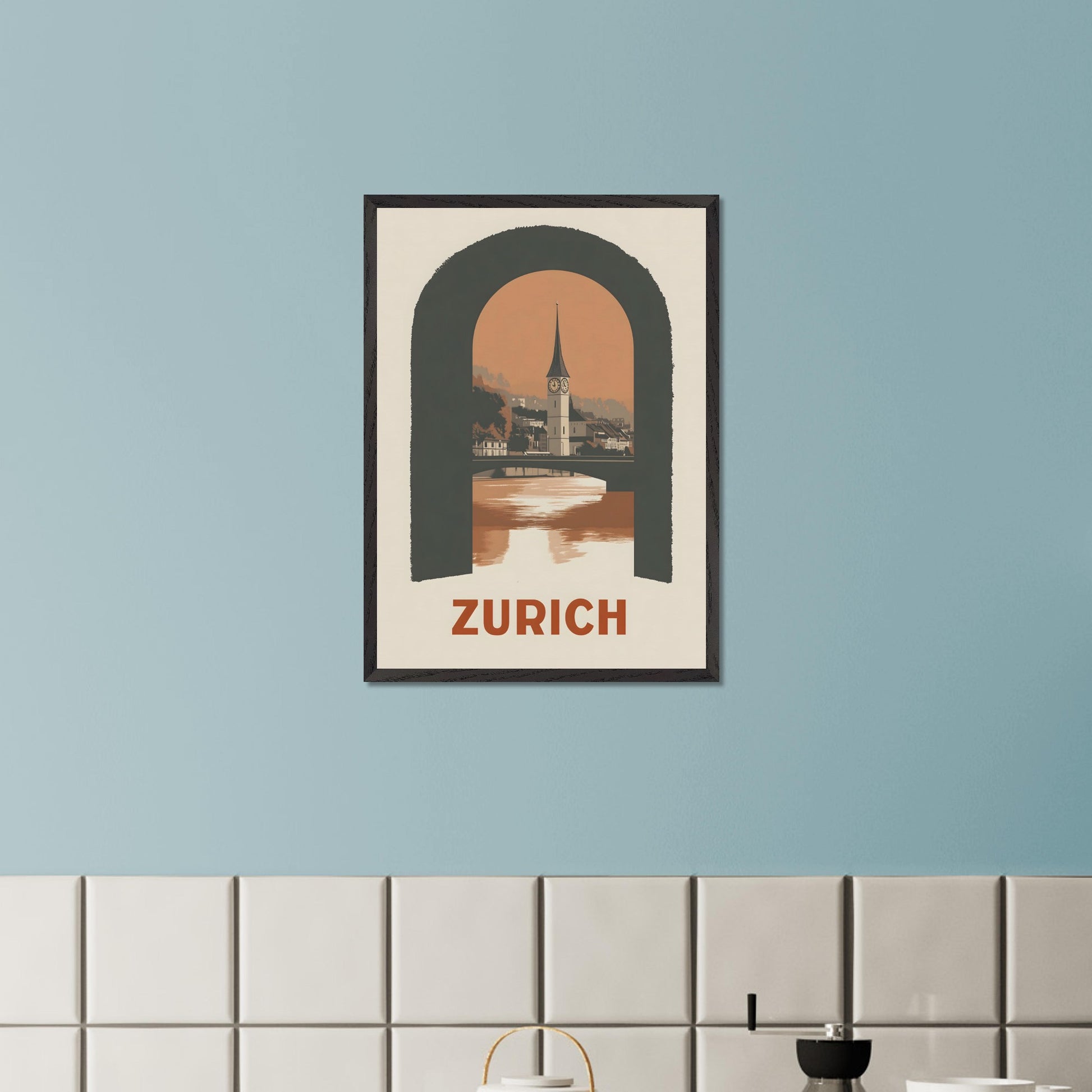 A sophisticated poster featuring Zurich’s historic clock tower, framed through an arched window. The blend of soft tones and bold composition creates a striking visual balance.