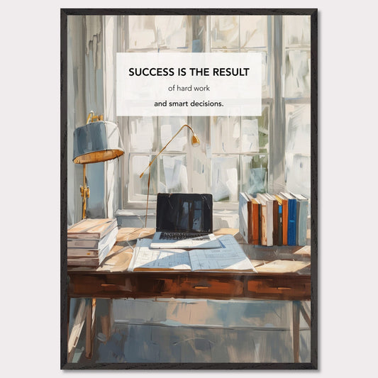 This inspiring poster showcases a serene and productive workspace bathed in natural light. The central message, "Success is the result of hard work and smart decisions," is prominently displayed.