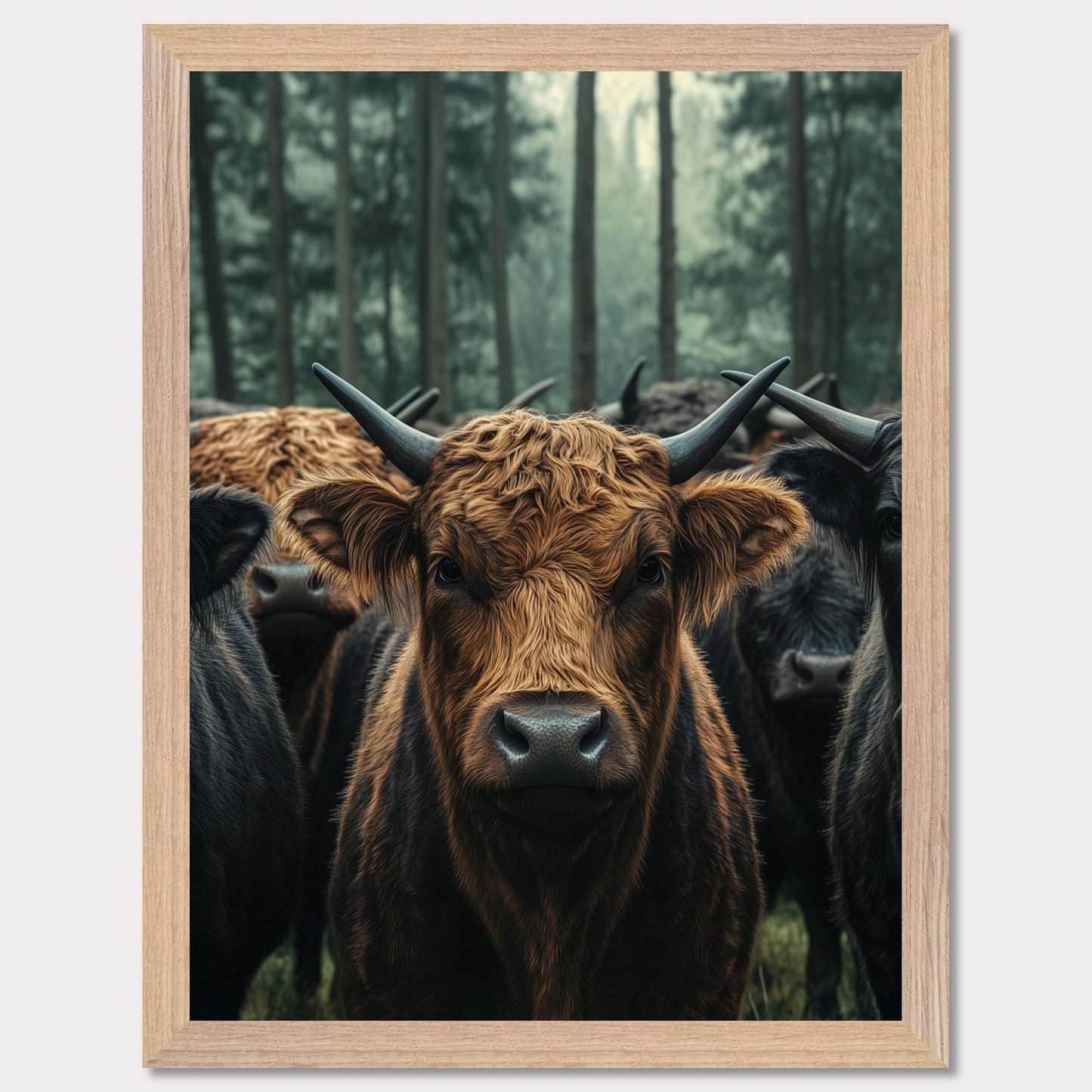 This captivating image features a herd of Highland cattle standing in a misty forest. The central focus is on a brown Highland cow, with its distinctive long horns and shaggy coat, staring directly at the viewer. The background showcases tall trees enveloped in fog, adding a mystical ambiance to the scene.