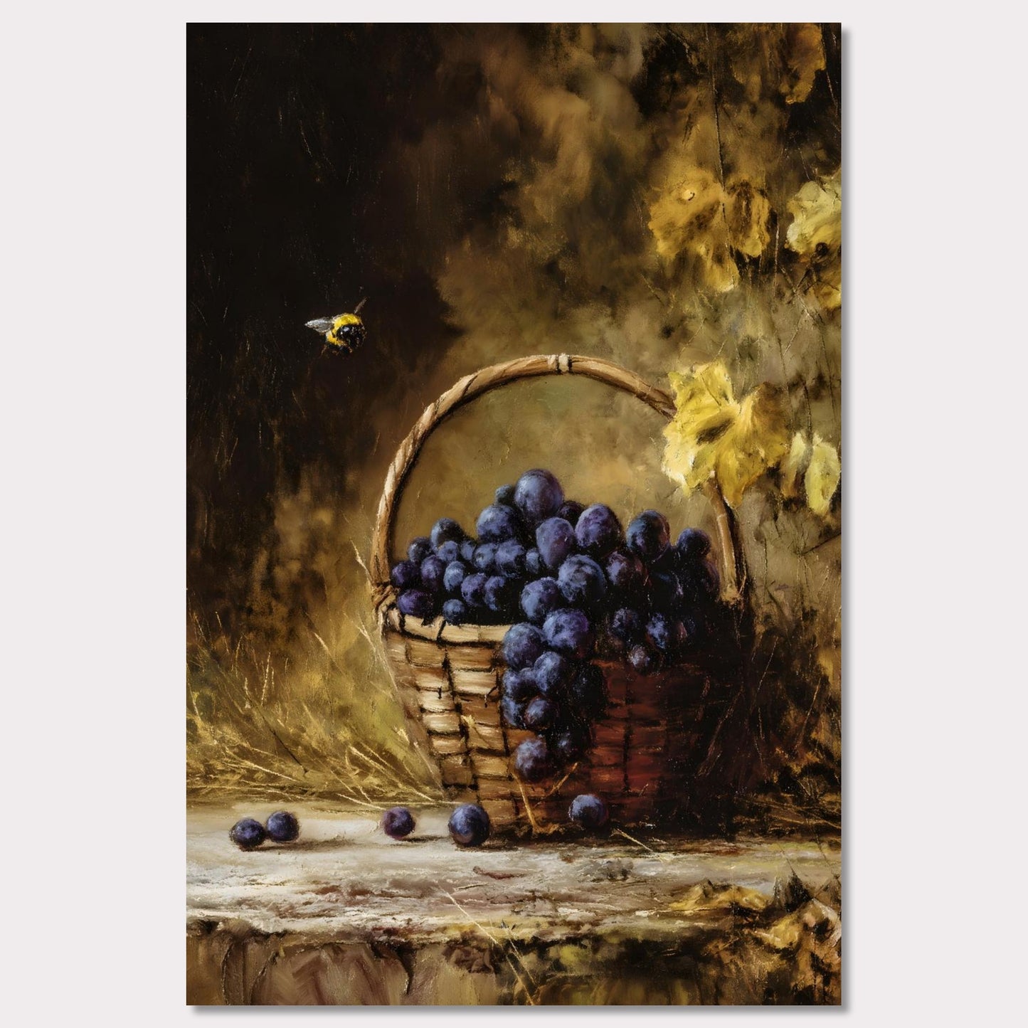 A basket overflows with deep purple grapes, a bee caught mid-hover. The scene glows with golden hues, evoking the fullness of autumn’s gift. This is the moment right before the feast — abundant, still, and honey-warm.