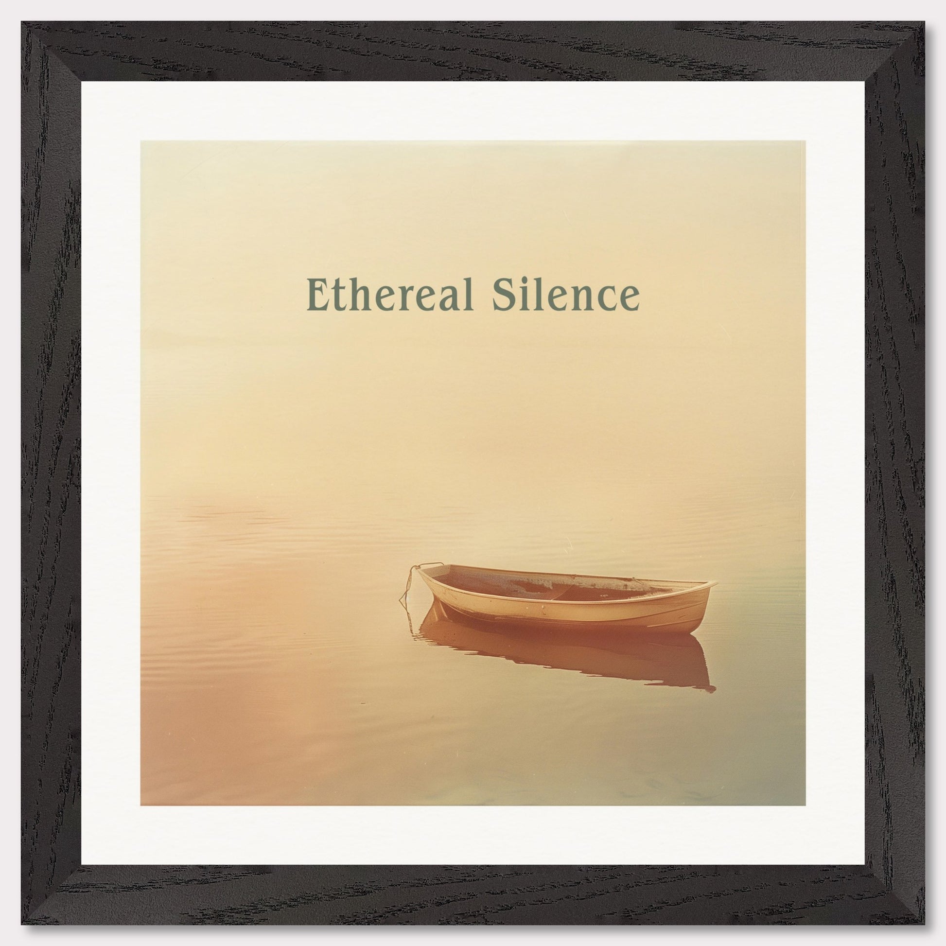 This serene photograph features a solitary rowboat gently floating on calm waters under a soft, ethereal light. The words "Ethereal Silence" are elegantly displayed above the boat, enhancing the tranquil atmosphere.