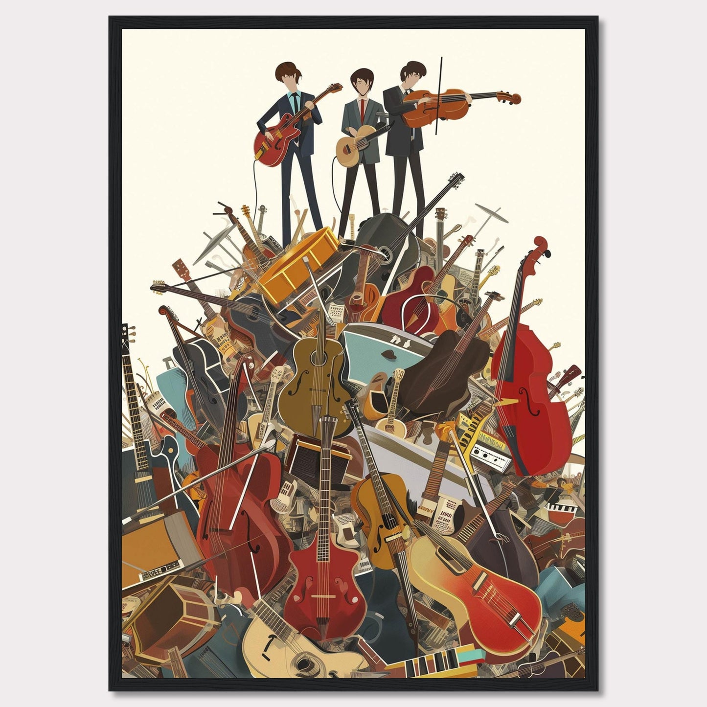 This vibrant illustration captures three musicians standing atop a towering pile of various musical instruments. The scene is filled with guitars, violins, cellos, drums, and more, creating a lively and energetic atmosphere.