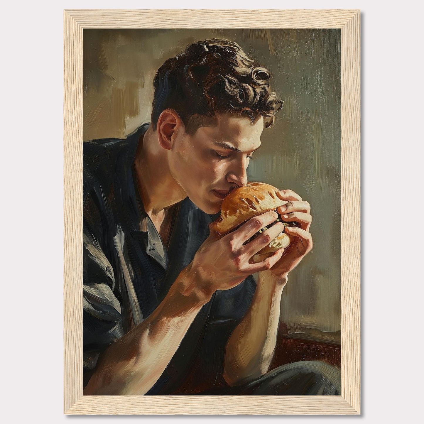 This captivating painting depicts a young man deeply savoring the aroma of a freshly made burger. The rich, detailed brushstrokes highlight the intensity of the moment, capturing a sense of appreciation and contentment.